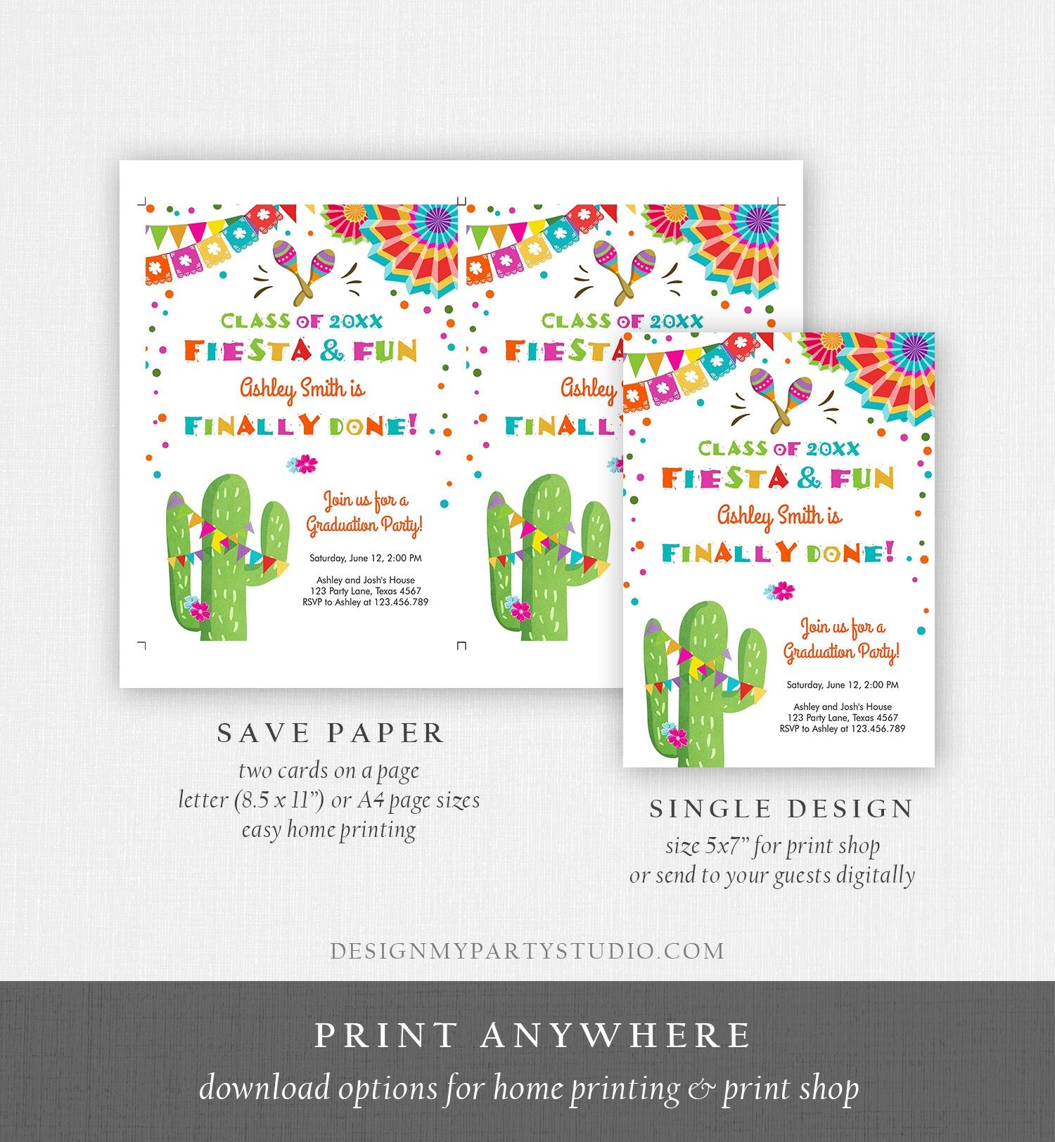 Editable Fiesta and Fun Graduation Party Invitation Finally Done Let's Fiesta Mexican High School College Degree Diploma Corjl Template 0045