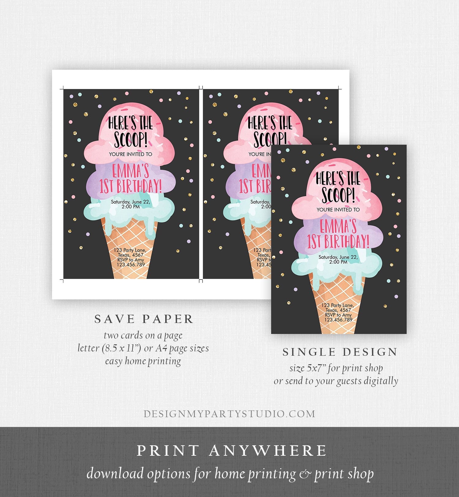 Editable Ice Cream Birthday Invitation First Birthday Party Here's the Scoop Cone Pink Mint Gold Purple Printable Template Corjl 0243