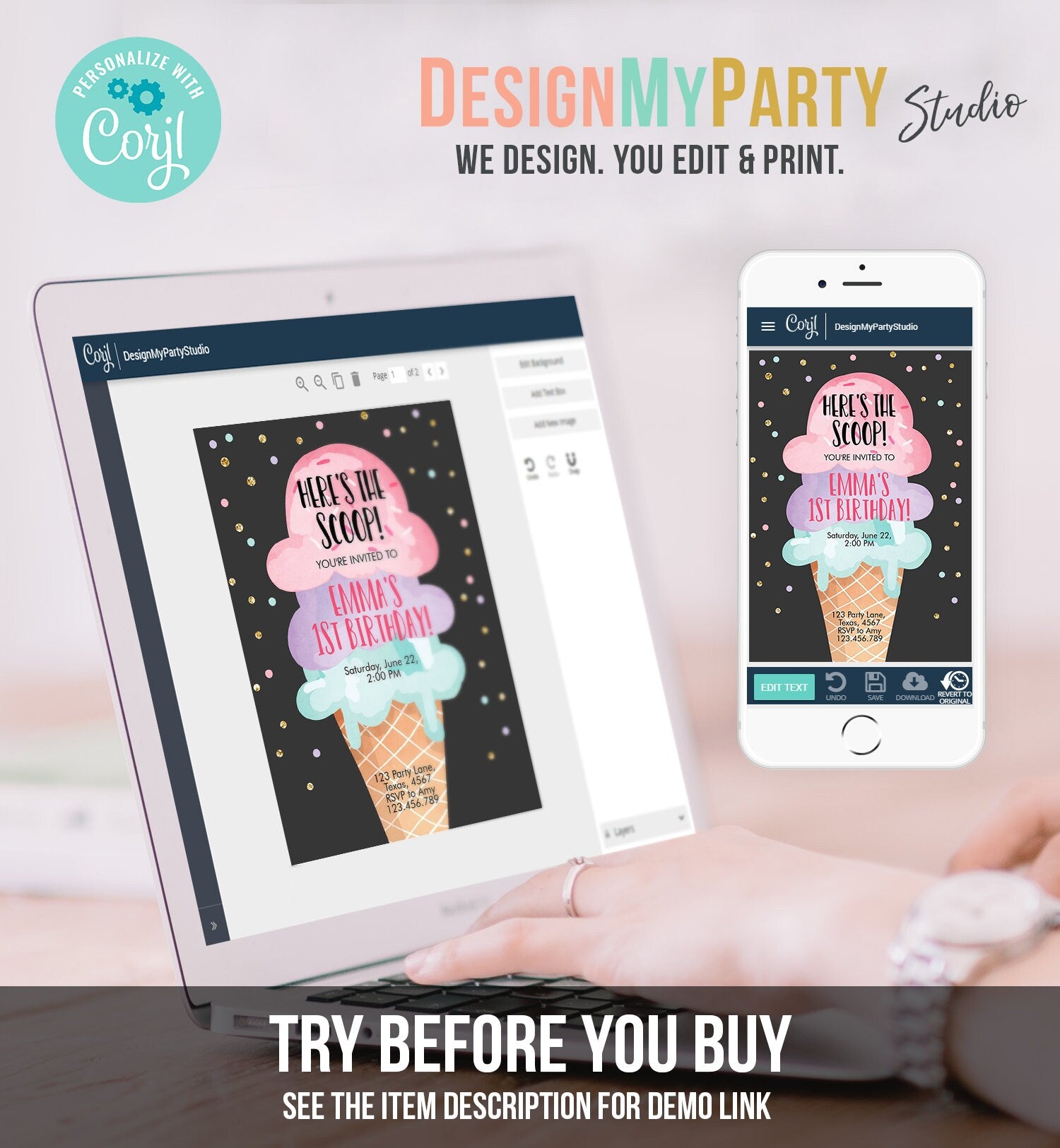 Editable Ice Cream Birthday Invitation First Birthday Party Here's the Scoop Cone Pink Mint Gold Purple Printable Template Corjl 0243