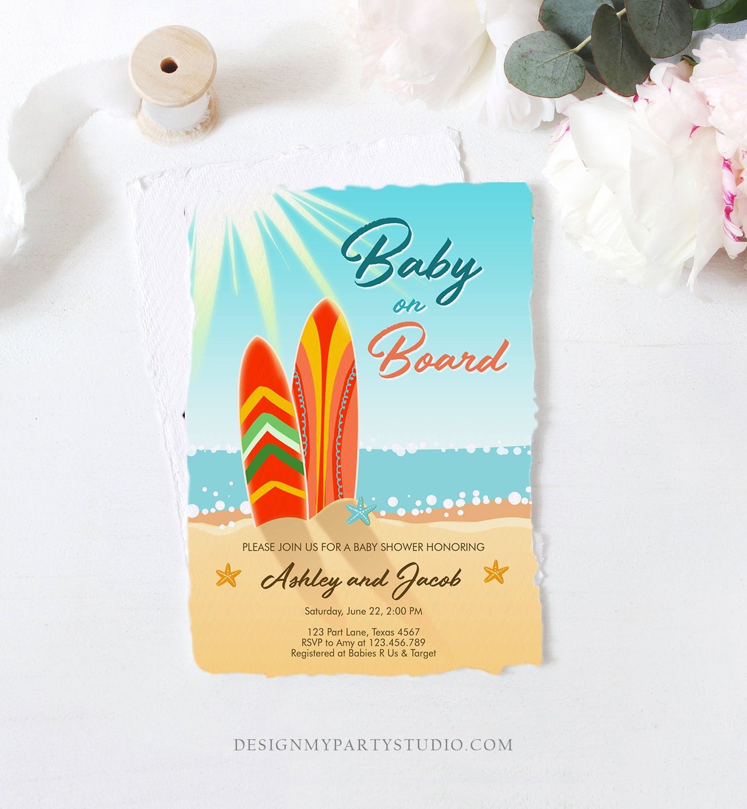 Baby on Board Baby Shower  Baby girl shower themes, Surfer baby