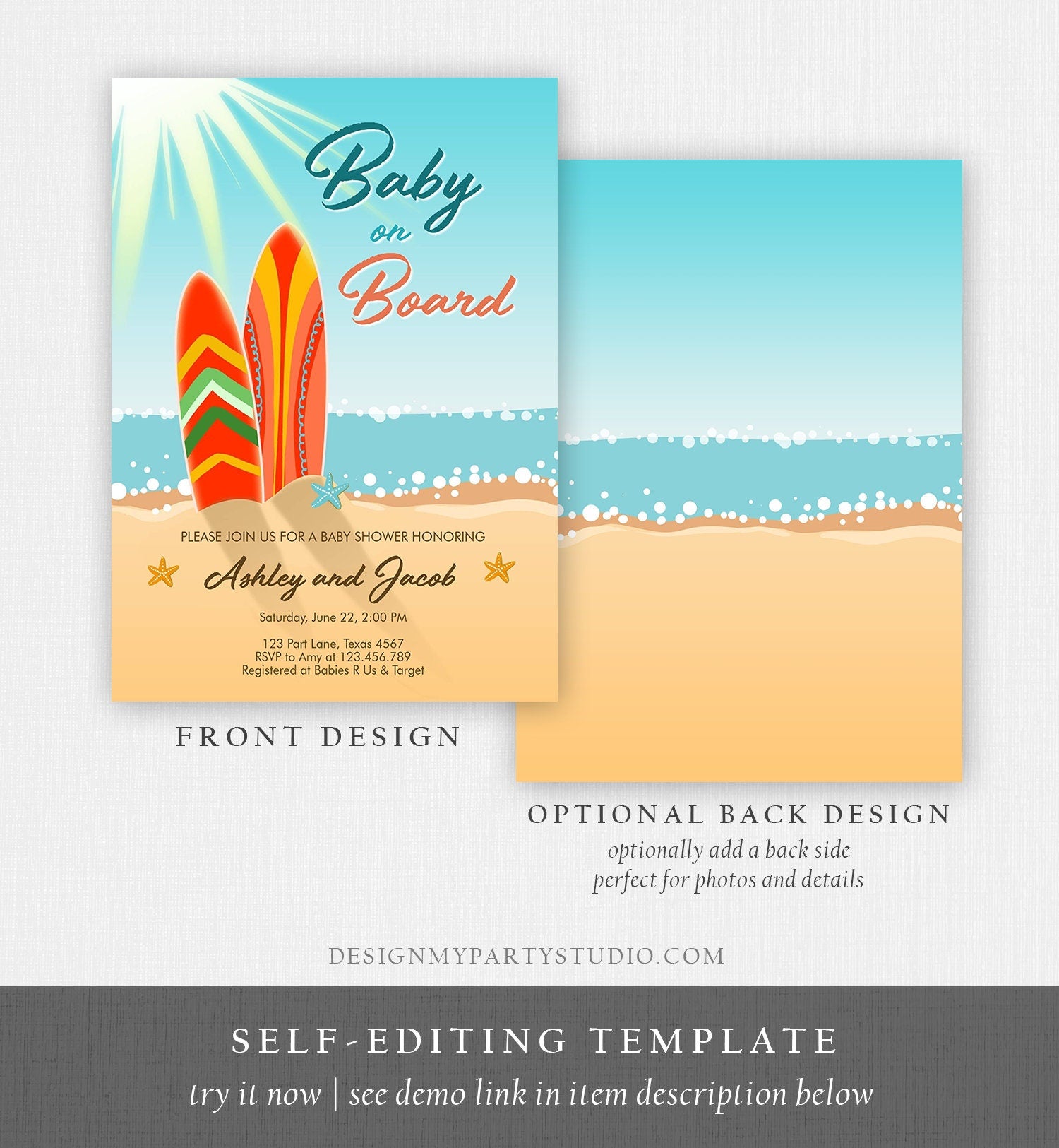 Editable Baby on Board Shower Invitation Surfing Boy Baby Shower Summer Beach Vintage Download Printable Invitation Template Corjl 0241