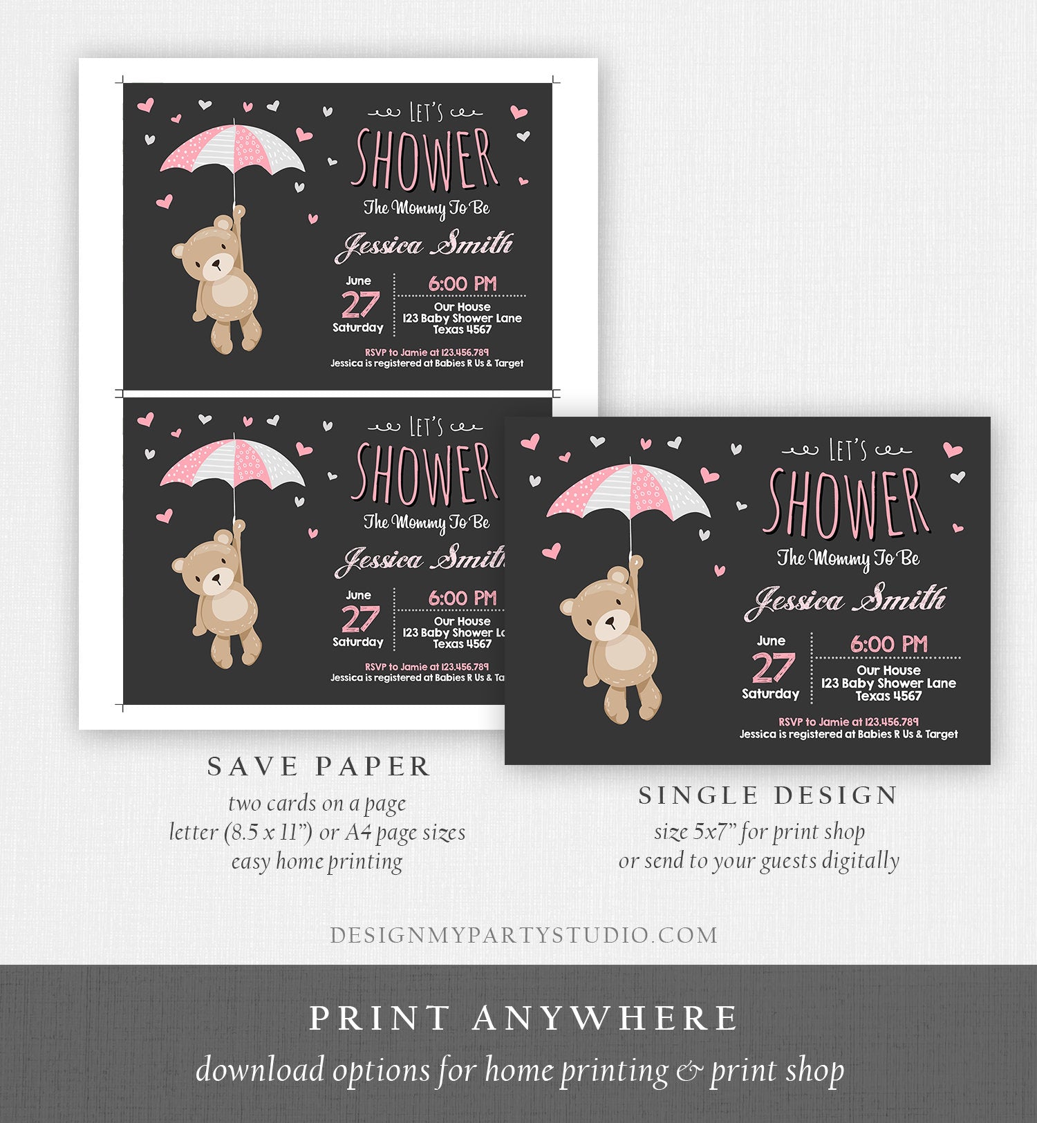 Editable Baby Shower Invitation Teddy Bear Cute Baby Girl Pink Bear Little Cub Woodland Invite Template Instant Download Digital Corjl 0025