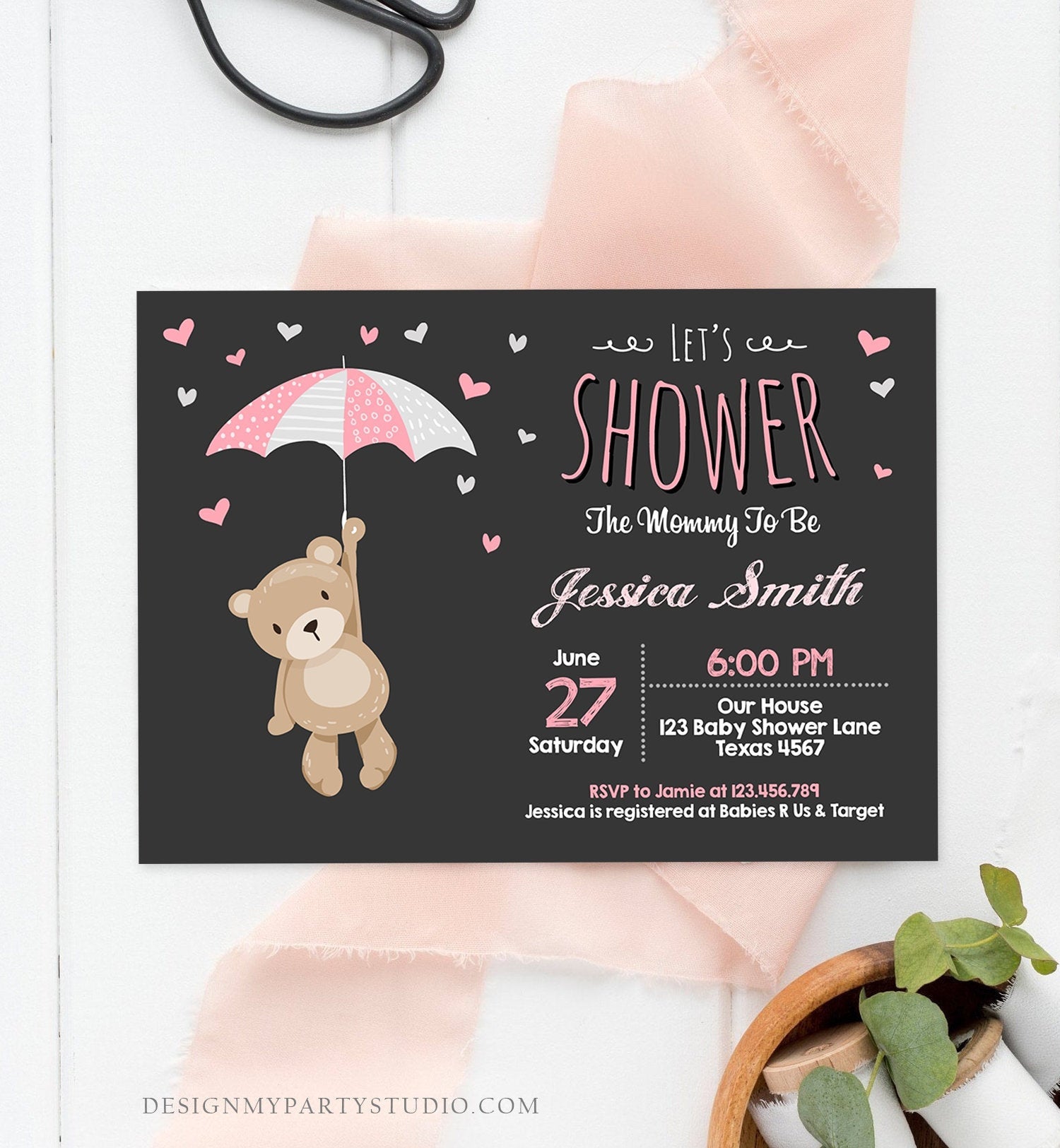 Editable Baby Shower Invitation Teddy Bear Cute Baby Girl Pink Bear Little Cub Woodland Invite Template Instant Download Digital Corjl 0025