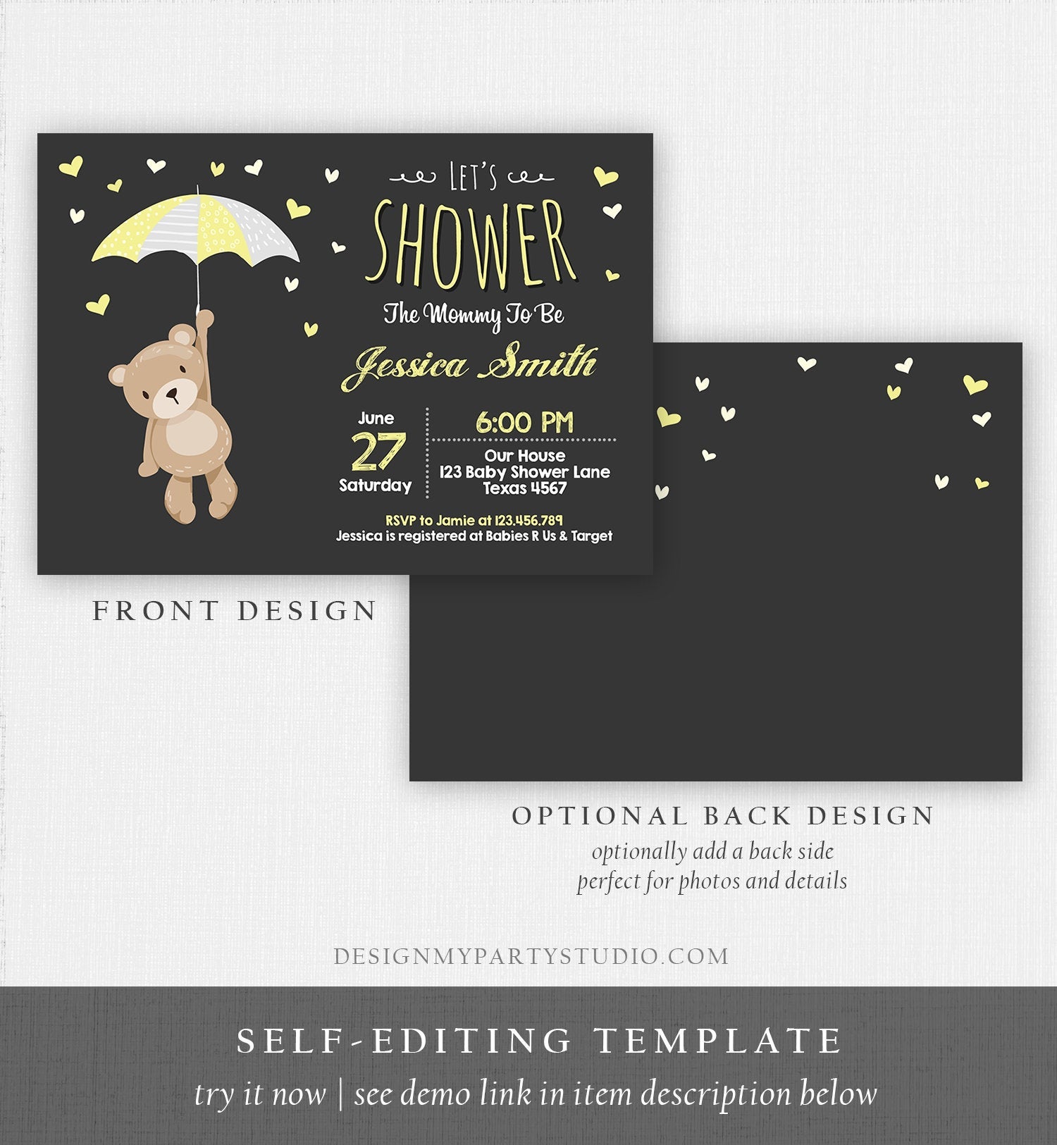 Teddy Bear Baby Shower Invitation Printable, Digital Or Printed Invitation  Baby Shower Gender Neutral, Editable Invitation Beige Brown bsh01