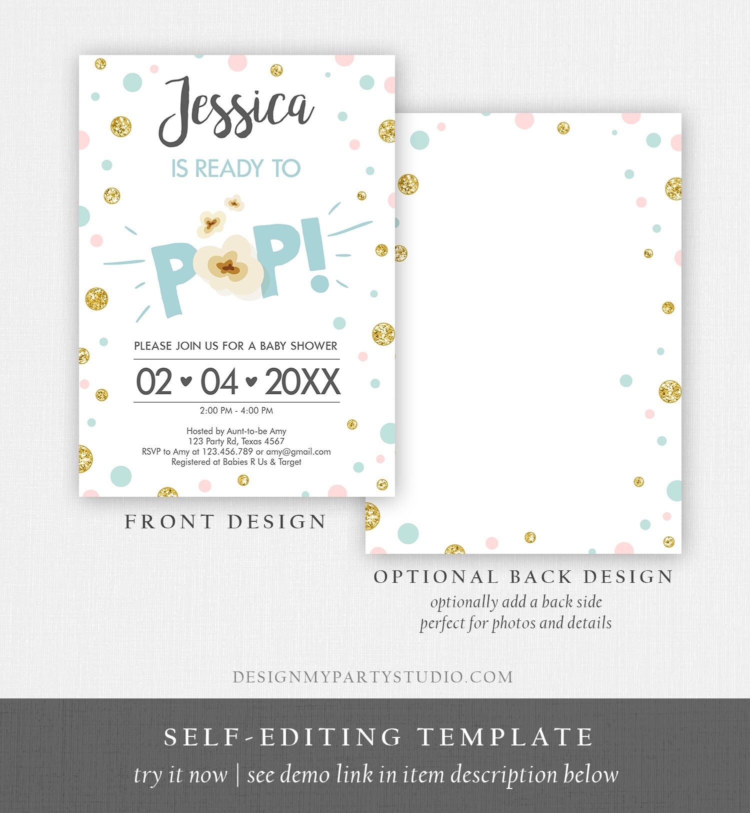 Editable Ready to Pop Baby Shower Invitation Sprinkle Popcorn Blue Boy Pop Balloon Instant Download Printable Template Digital Corjl 0211