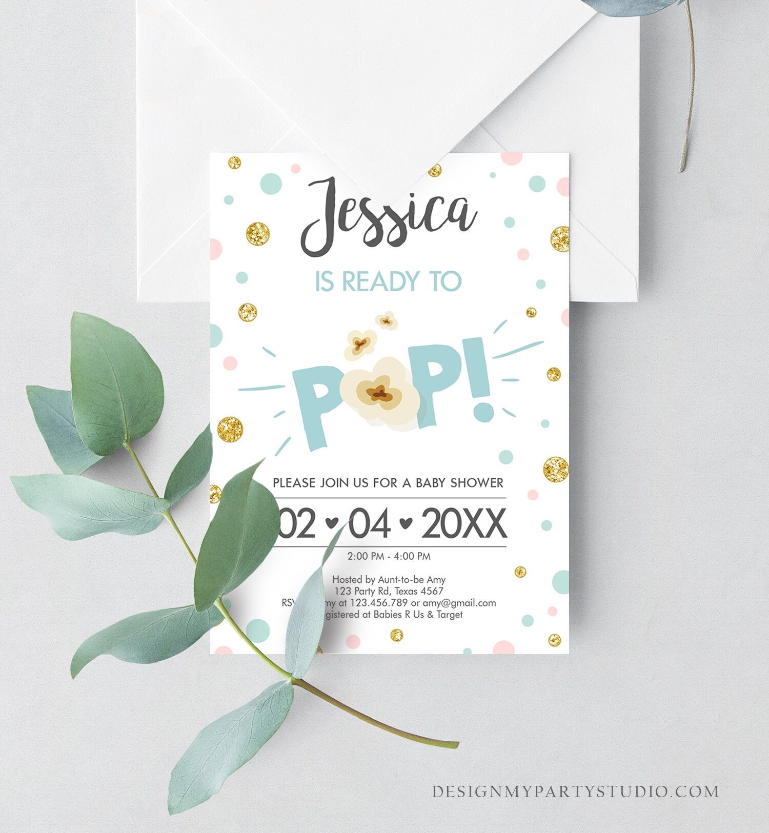 Editable Ready to Pop Baby Shower Invitation Sprinkle Popcorn Blue Boy Pop Balloon Instant Download Printable Template Digital Corjl 0211