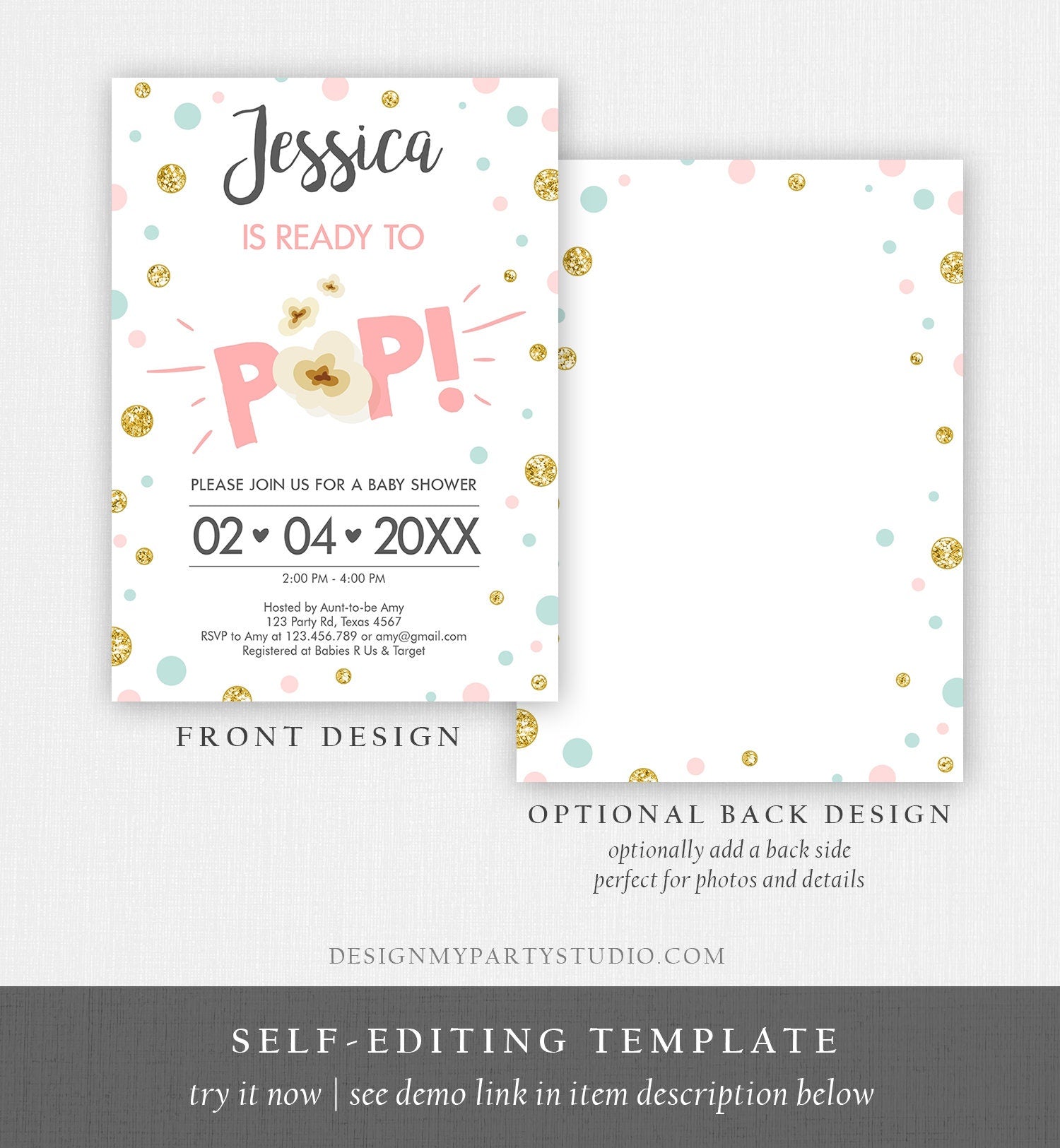 Editable Ready to Pop Baby Shower Invitation Girl Pink Gold Popcorn Confetti Pop Balloon Download Printable Template Digital Corjl 0211