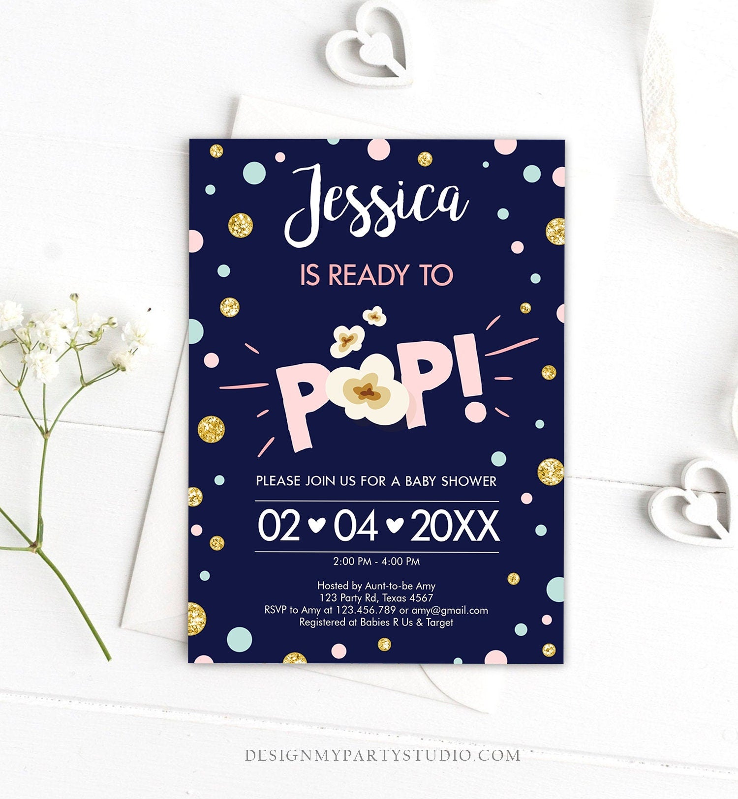 Editable Ready to Pop Baby Shower Invitation Girl Pink Gold Popcorn Confetti Pop Balloon Download Printable Template Digital Corjl 0211