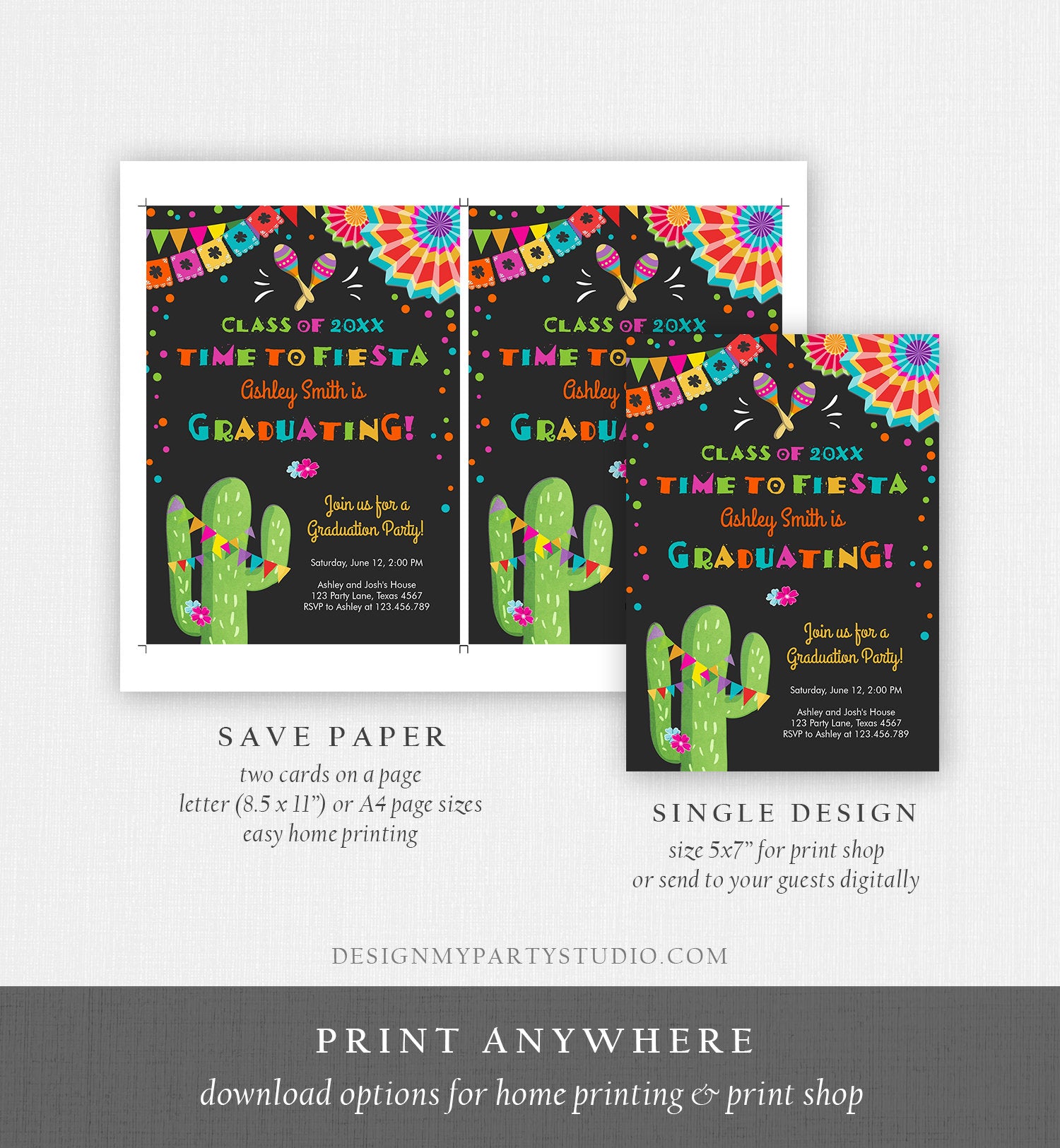 Editable Time to Fiesta Graduation Party Invitation Cactus Let's Fiesta Grad Mexican Graduate Graduating College School Corjl Template 0045