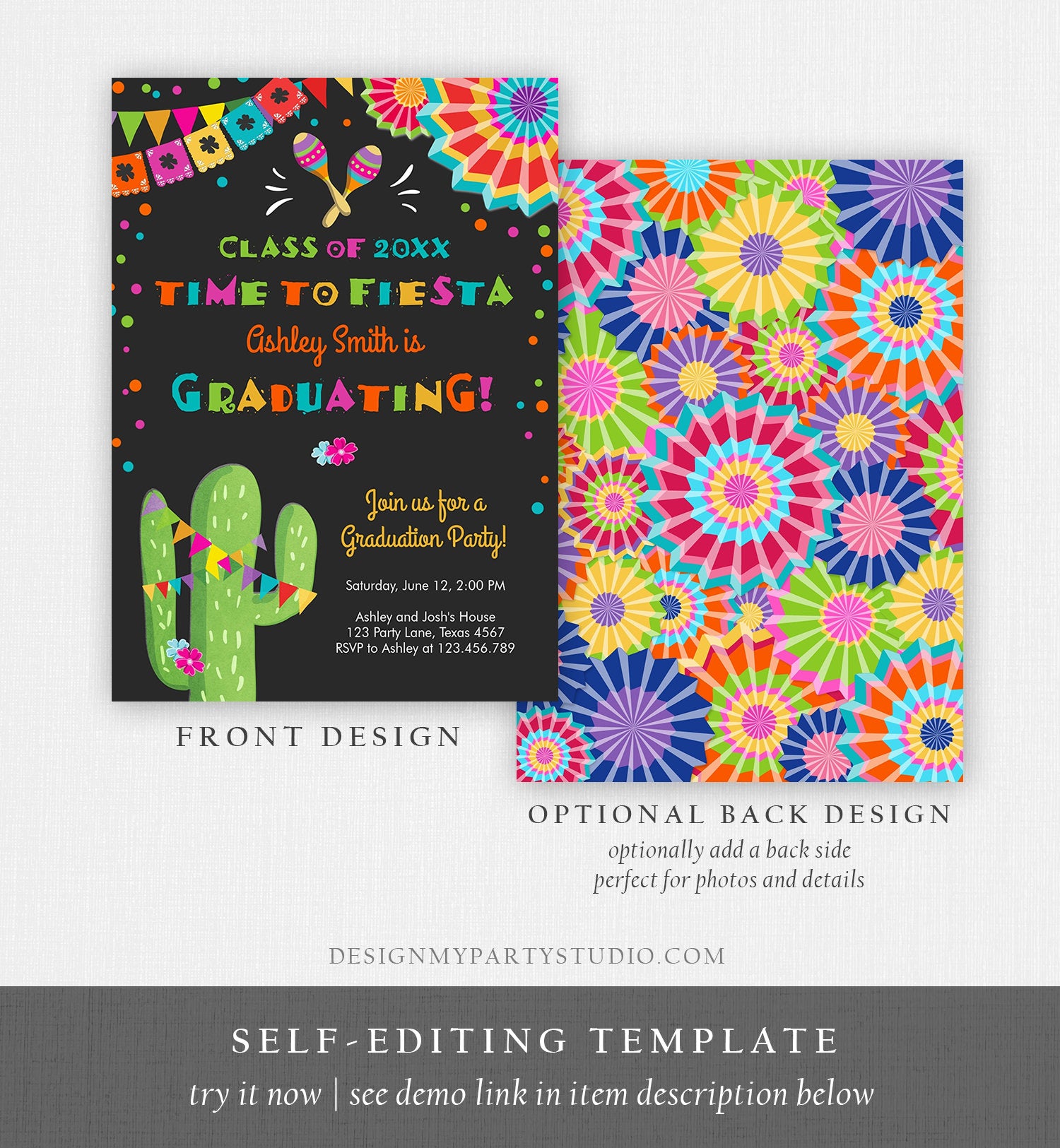 Editable Time to Fiesta Graduation Party Invitation Cactus Let's Fiesta Grad Mexican Graduate Graduating College School Corjl Template 0045