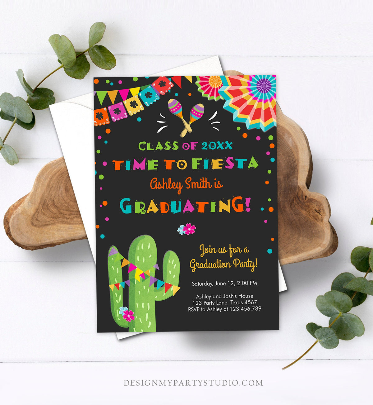 Editable Time to Fiesta Graduation Party Invitation Cactus Let&#39;s Fiesta Grad Mexican Graduate Graduating College School Corjl Template 0045