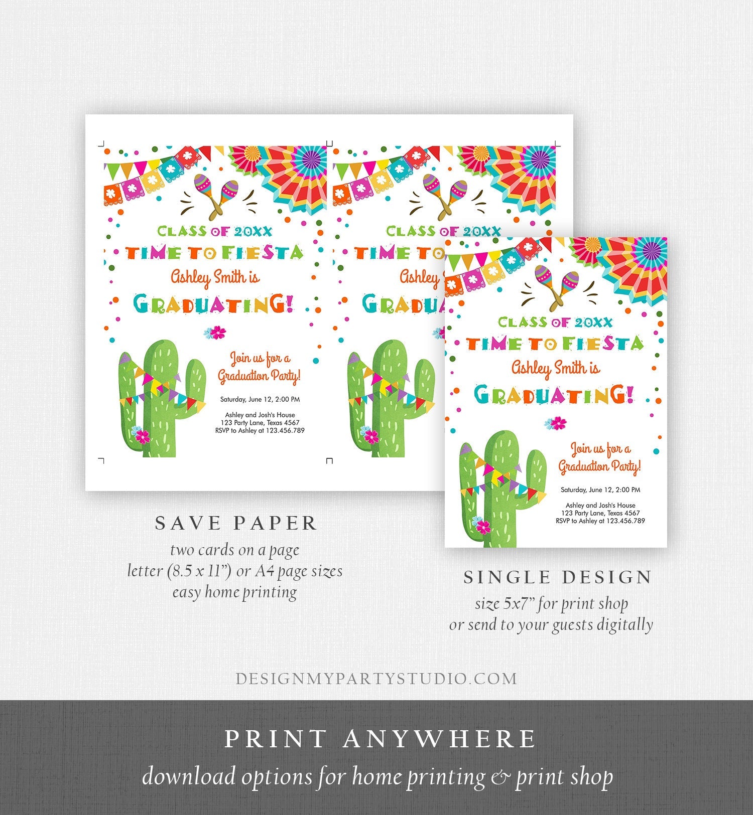 Editable Time to Fiesta Graduation Party Invitation Cactus Let's Fiesta Grad Mexican Graduate Graduating College School Corjl Template 0045