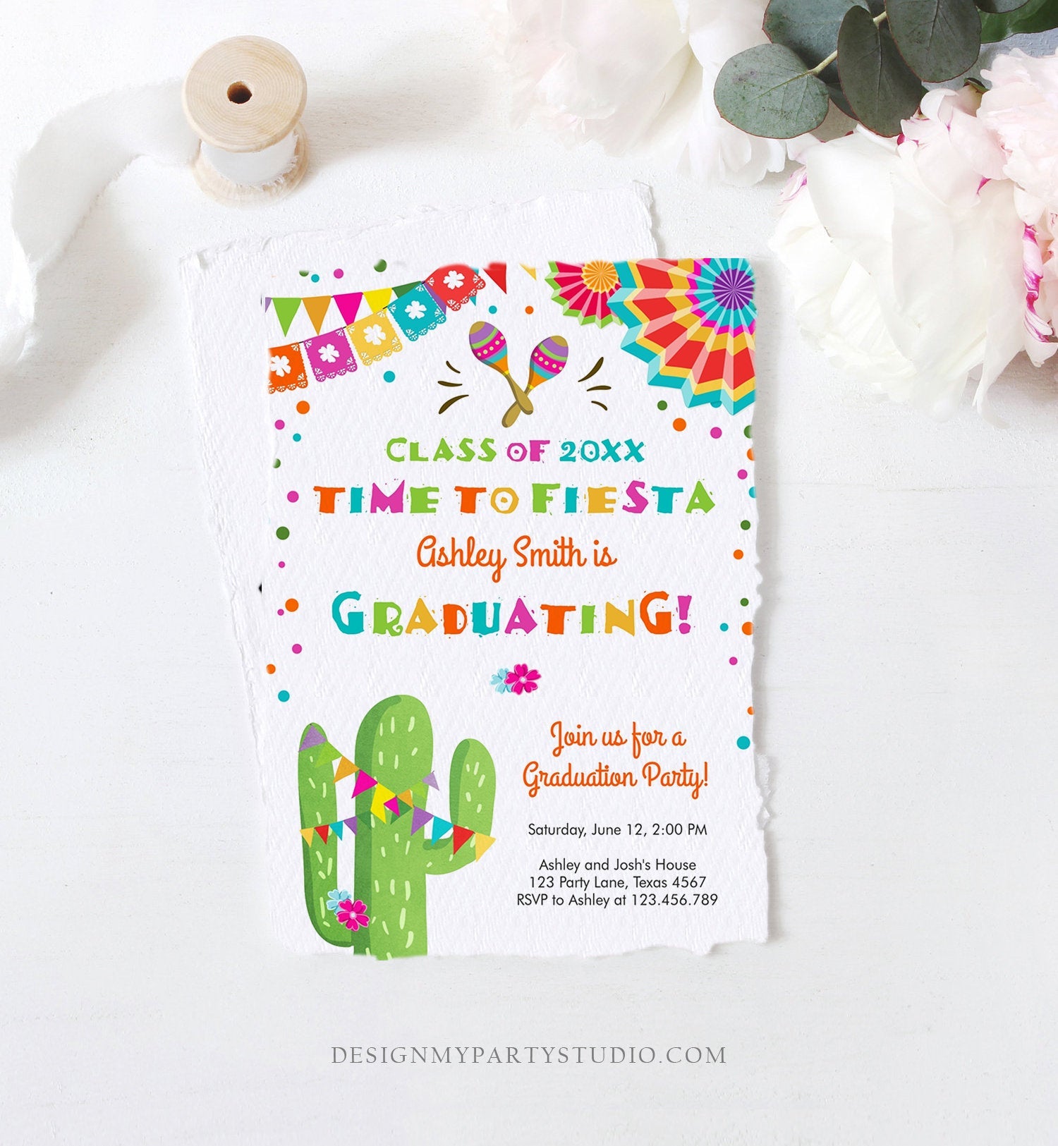 Editable Time to Fiesta Graduation Party Invitation Cactus Let's Fiesta Grad Mexican Graduate Graduating College School Corjl Template 0045