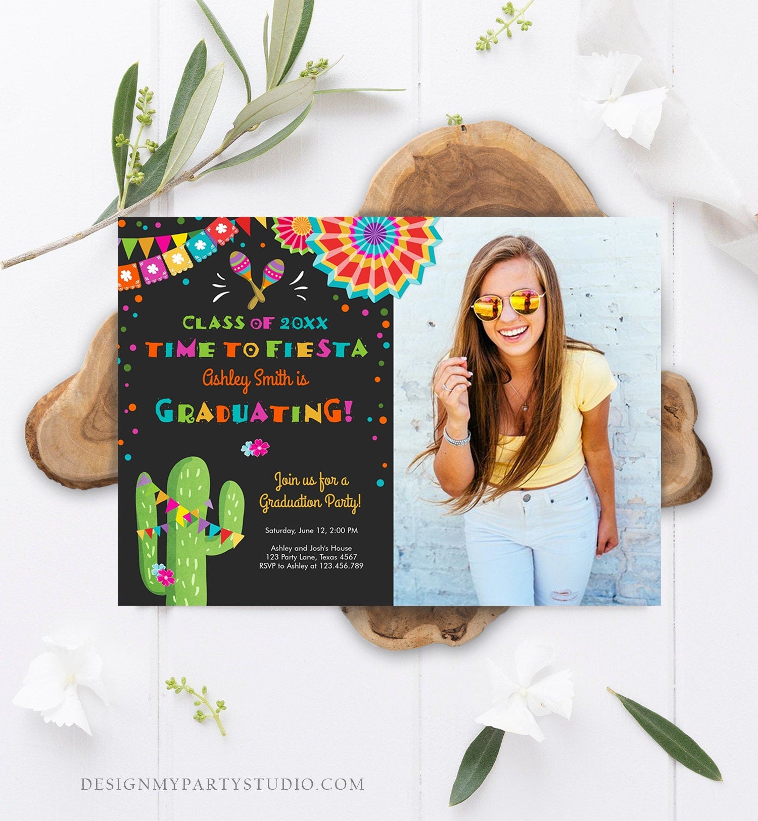 Editable Time to Fiesta Graduation Party Invitation Cactus Let's Fiesta Grad Mexican Graduate Graduating College School Corjl Template 0045