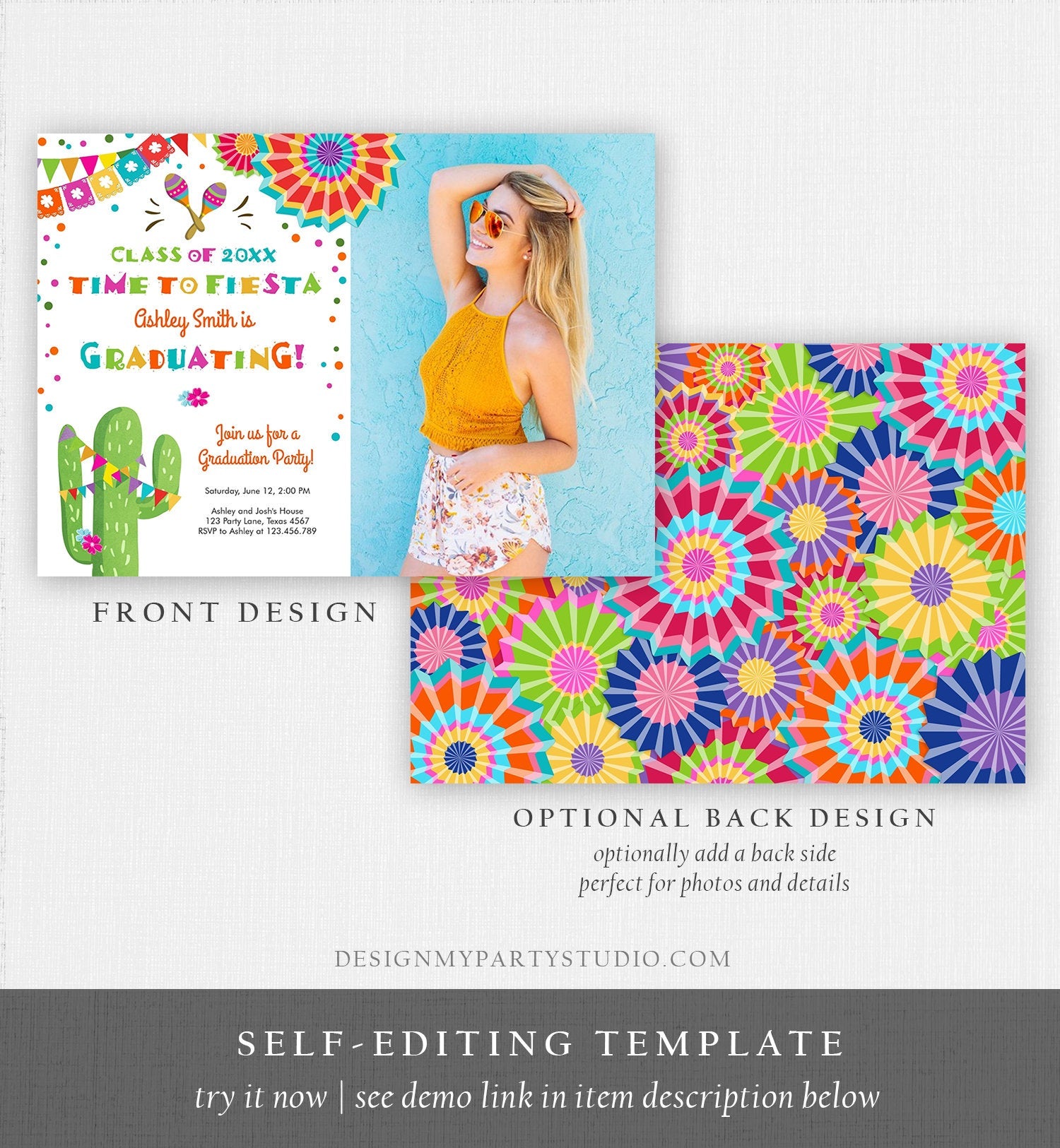 Editable Time to Fiesta Graduation Party Invitation Cactus Let's Fiesta Grad Mexican Graduate Graduating College School Corjl Template 0045