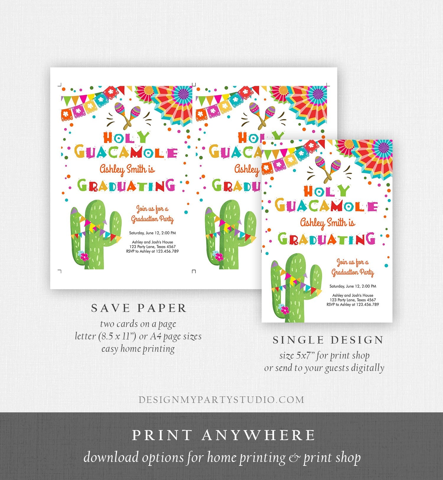 Editable Holy Guacamole Graduation Party Invitation Cactus Let's Fiesta Grad Mexican Graduate Graduating College School Corjl Template 0045