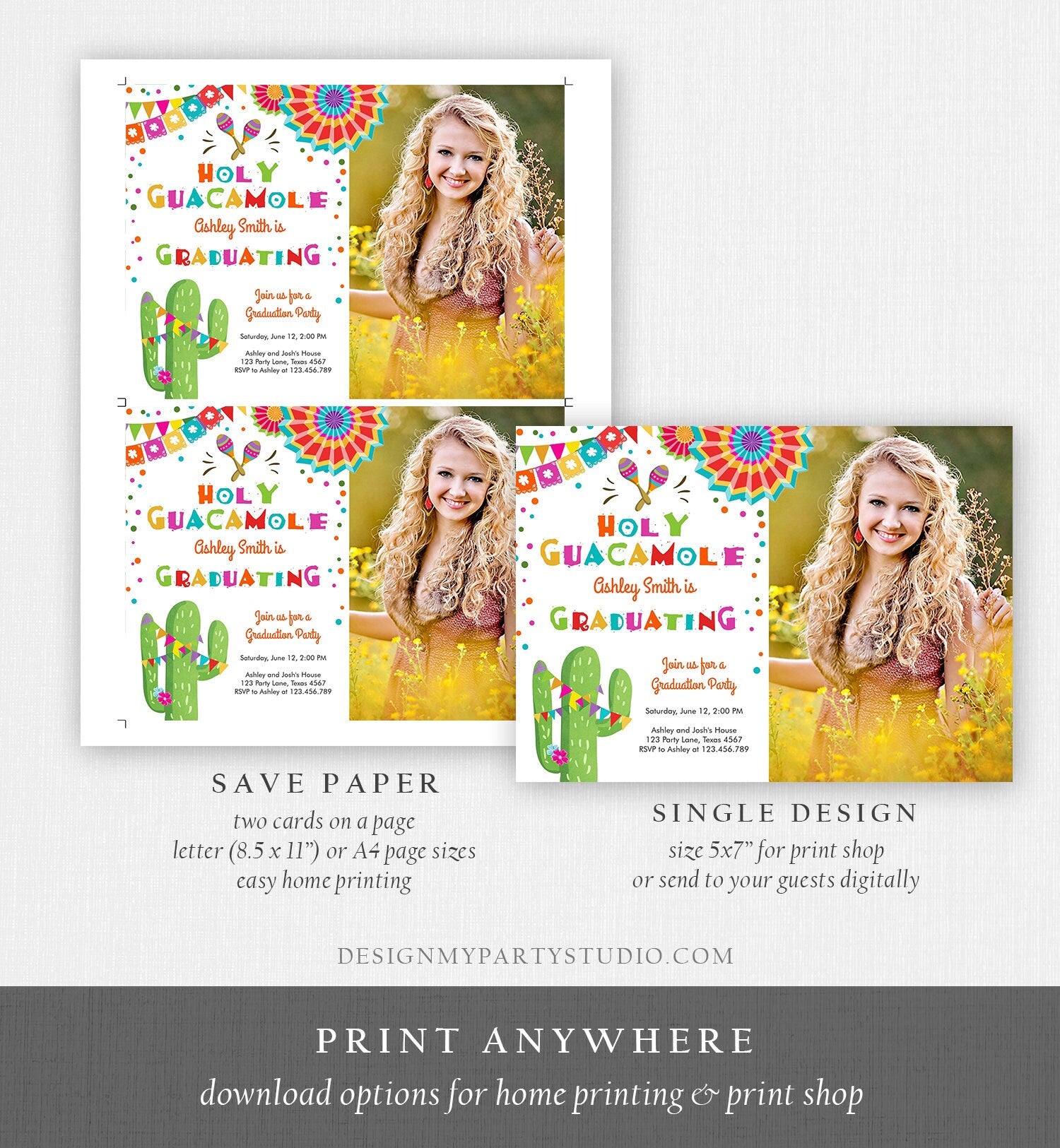 Editable Holy Guacamole Graduation Party Invitation Cactus Let's Fiesta Grad Mexican Graduate Graduating College School Corjl Template 0045