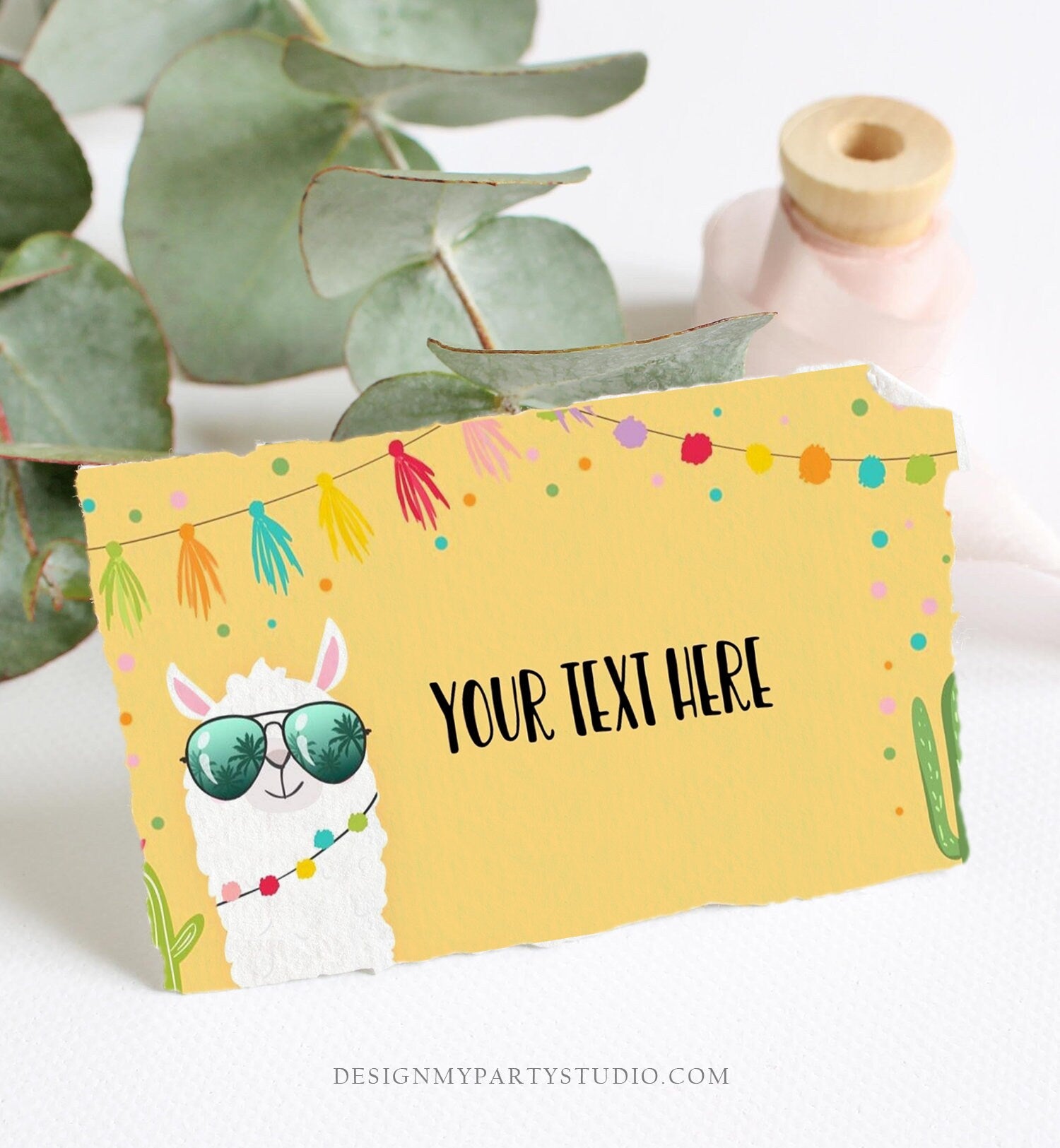 Editable Llama Food Labels Llama Place Card Tent Card Escort Card Llama Birthday Fiesta Party Mexican Yellow Pink Cactus Template Corjl 0079