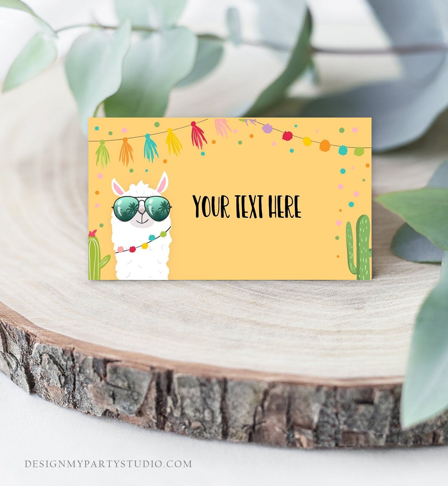 Editable Llama Food Labels Llama Place Card Tent Card Escort Card Llama Birthday Fiesta Party Mexican Yellow Pink Cactus Template Corjl 0079