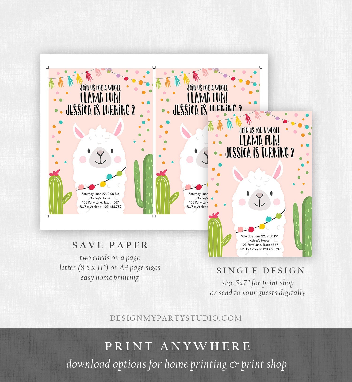 Editable Whole Llama Fun Birthday invitation Fiesta Llama Cactus Mexican Party Pink Confetti Girl Boy Alpaca Corjl Template Printable 0079