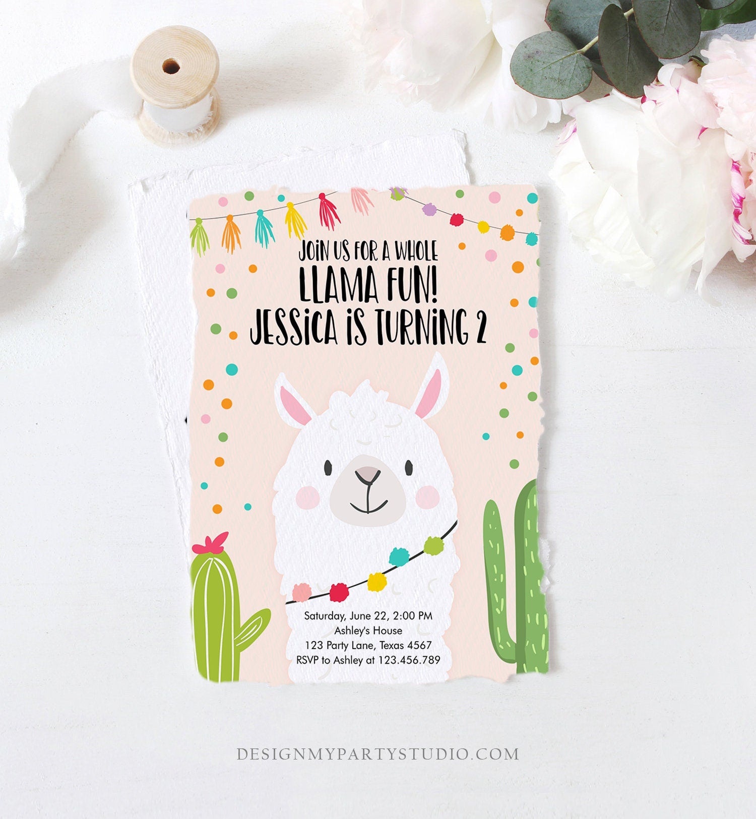 Editable Whole Llama Fun Birthday invitation Fiesta Llama Cactus Mexican Party Pink Confetti Girl Boy Alpaca Corjl Template Printable 0079