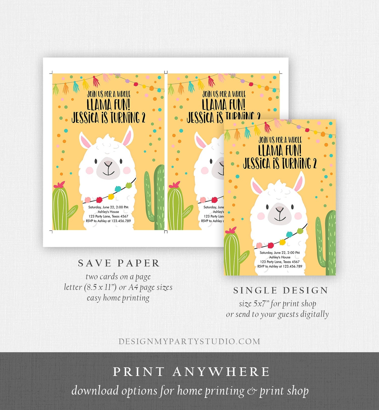 Editable Whole Llama Fun Birthday Invitation Fiesta Llama Cactus Mexican Party Yellow Confetti Girl Boy Alpaca Corjl Template Printable 0079