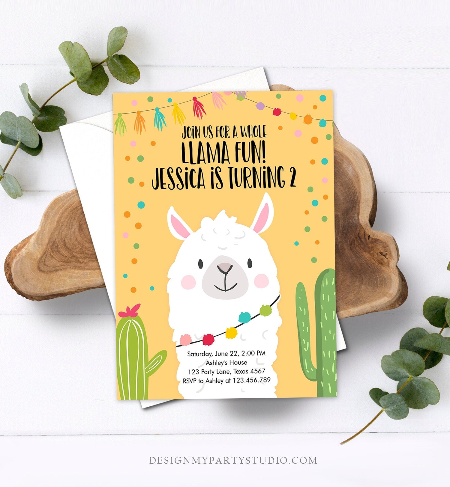 Editable Whole Llama Fun Birthday Invitation Fiesta Llama Cactus Mexican Party Yellow Confetti Girl Boy Alpaca Corjl Template Printable 0079