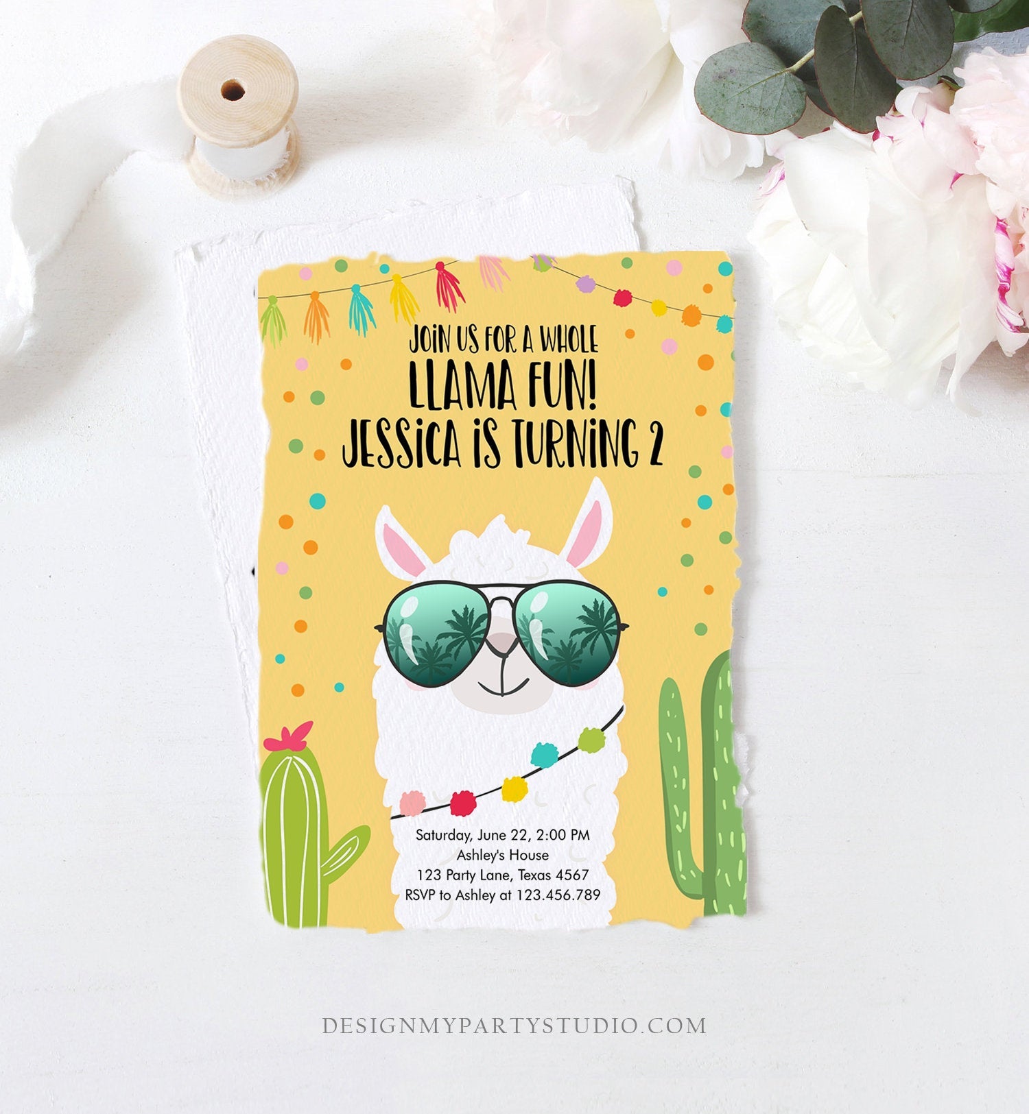 Editable Whole Llama Fun Birthday Invitation Fiesta Llama Cactus Mexican Party Yellow Confetti Girl Boy Alpaca Corjl Template Printable 0079