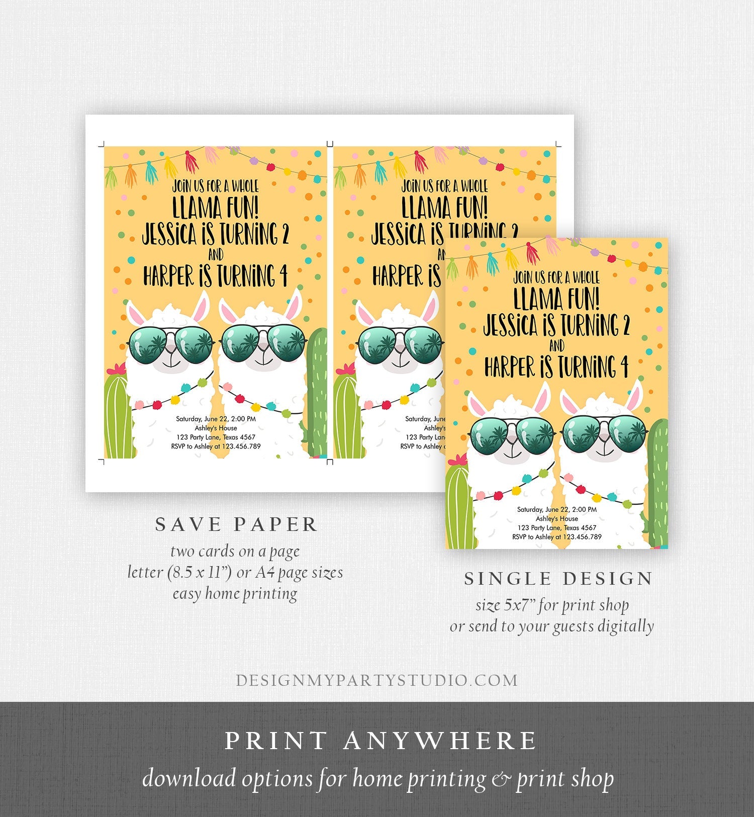 Editable Whole Llama Fun Birthday Invitation Joined Coed Twin Twins Llamas Fiesta Cactus Confetti Girl Boy Yellow Alpaca Template Corjl 0079