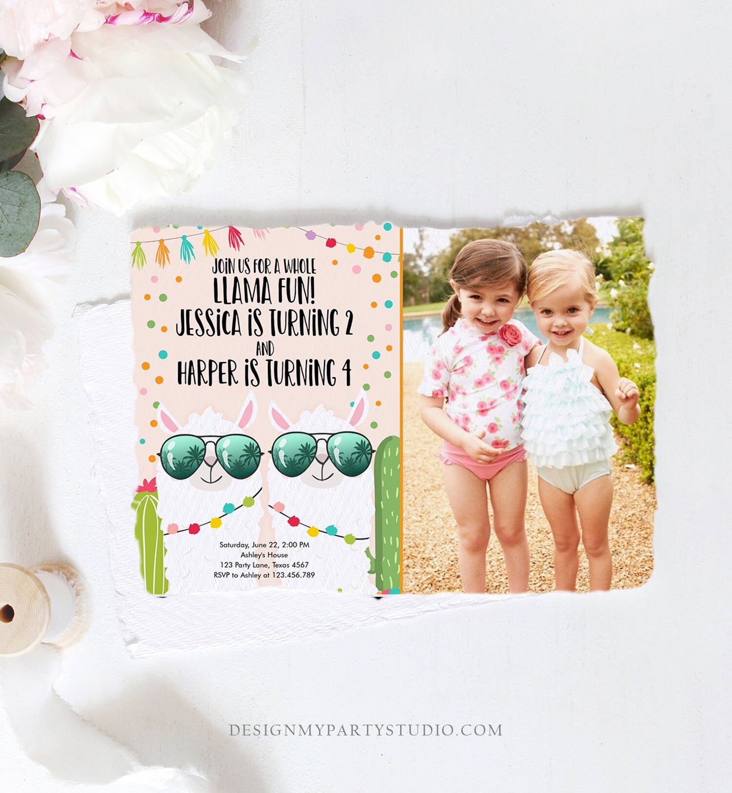 Editable Whole Llama Fun Birthday Invitation Joined Coed Twin Twins Llamas Fiesta Cactus Confetti Girl Pink Photo Alpaca Template Corjl 0079