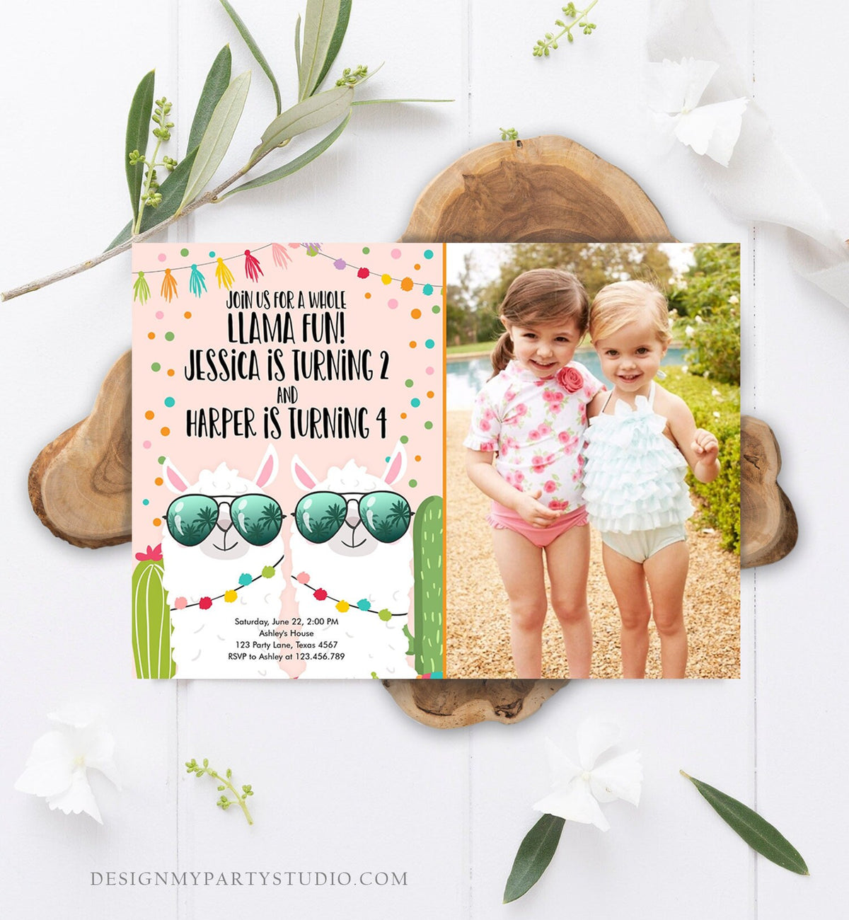 Editable Whole Llama Fun Birthday Invitation Joined Coed Twin Twins Llamas Fiesta Cactus Confetti Girl Pink Photo Alpaca Template Corjl 0079