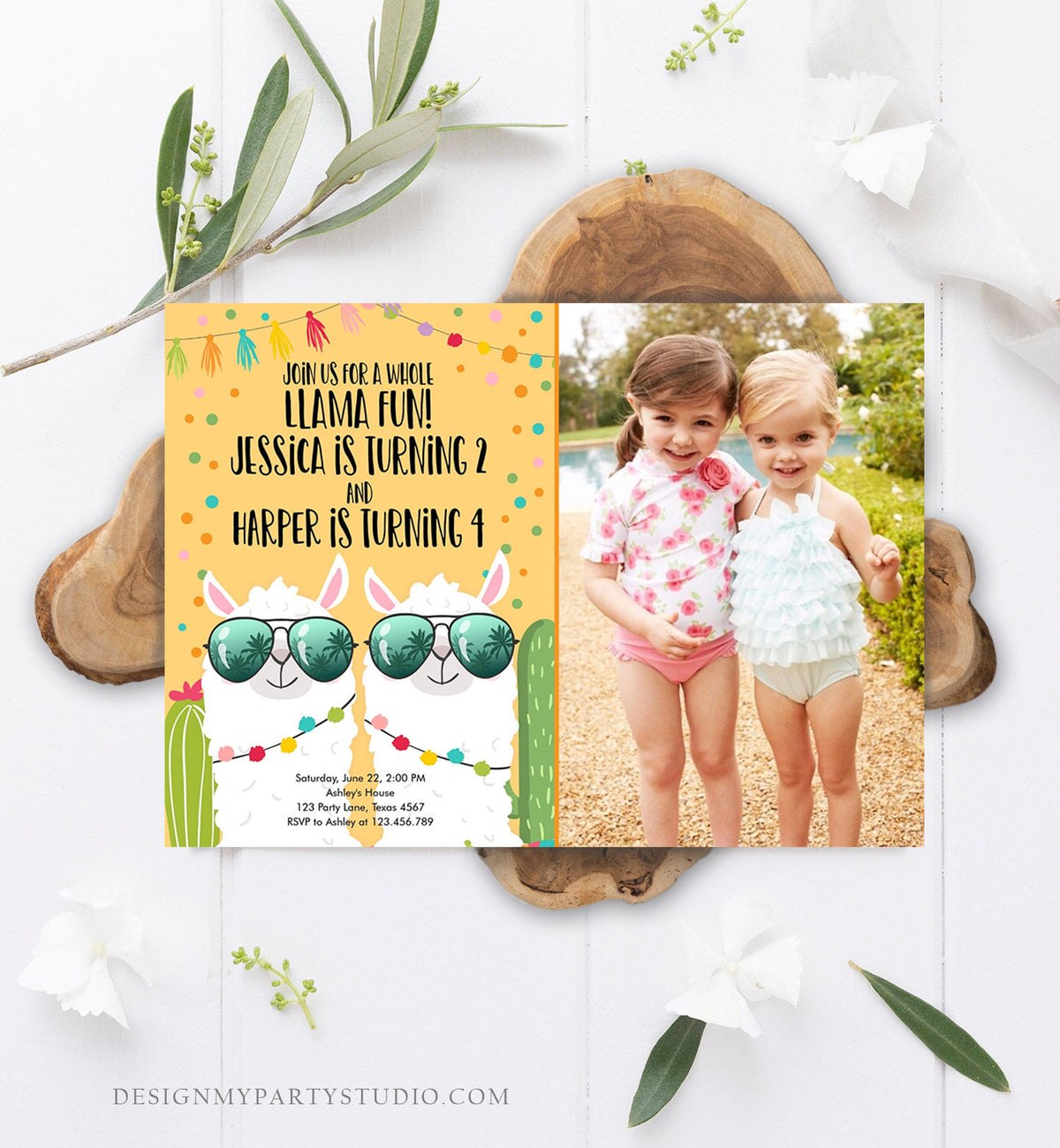 Editable Whole Llama Fun Birthday Invitation Joined Coed Twin Twins Llamas Fiesta Cactus Confetti Girl Yellow Alpaca Template Corjl 0079