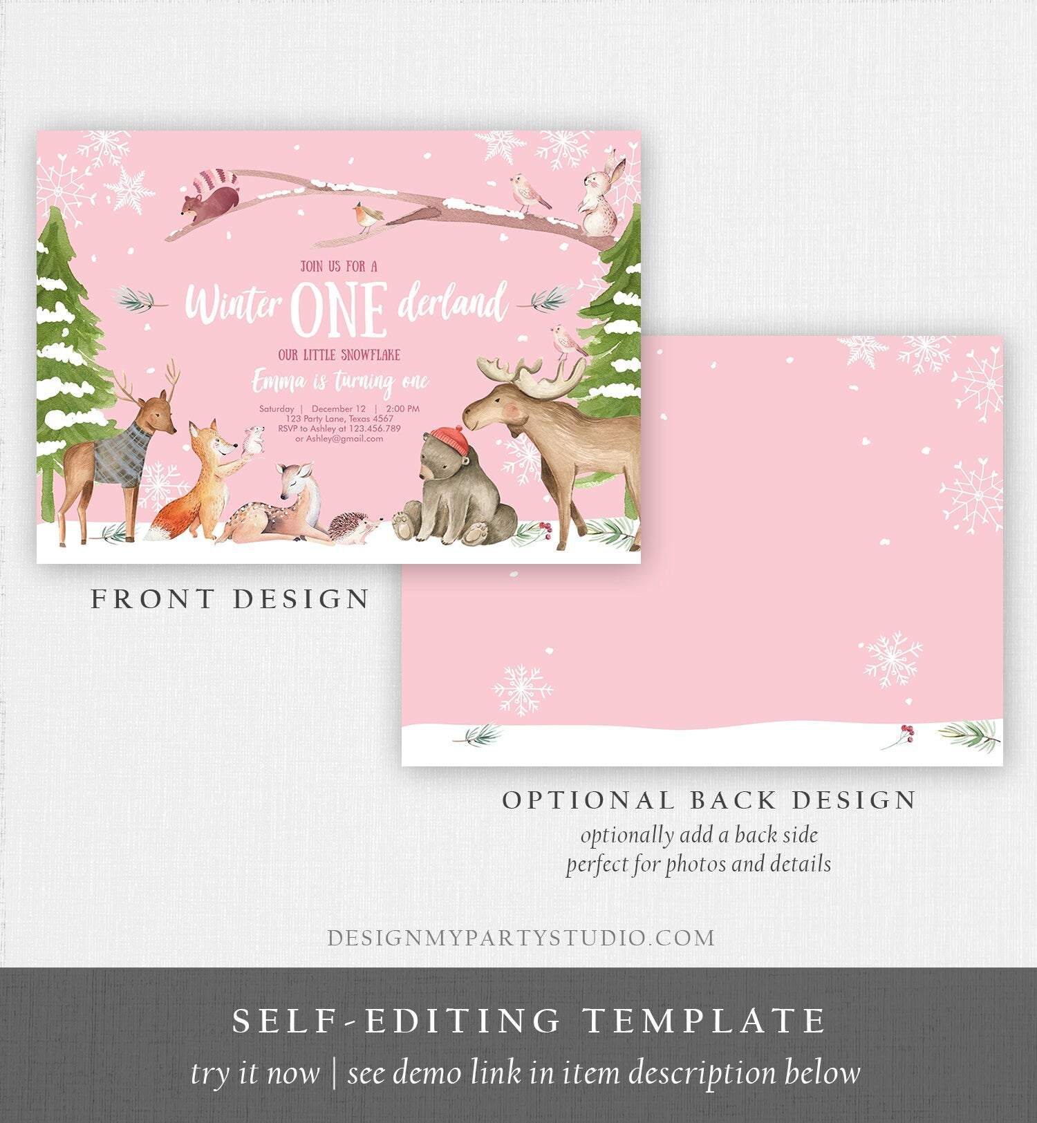 Editable ANY AGE Winter ONEderland Birthday Invitation First Birthday Snowflake Girl Pink Woodland Animals Printable Template Corjl 0195