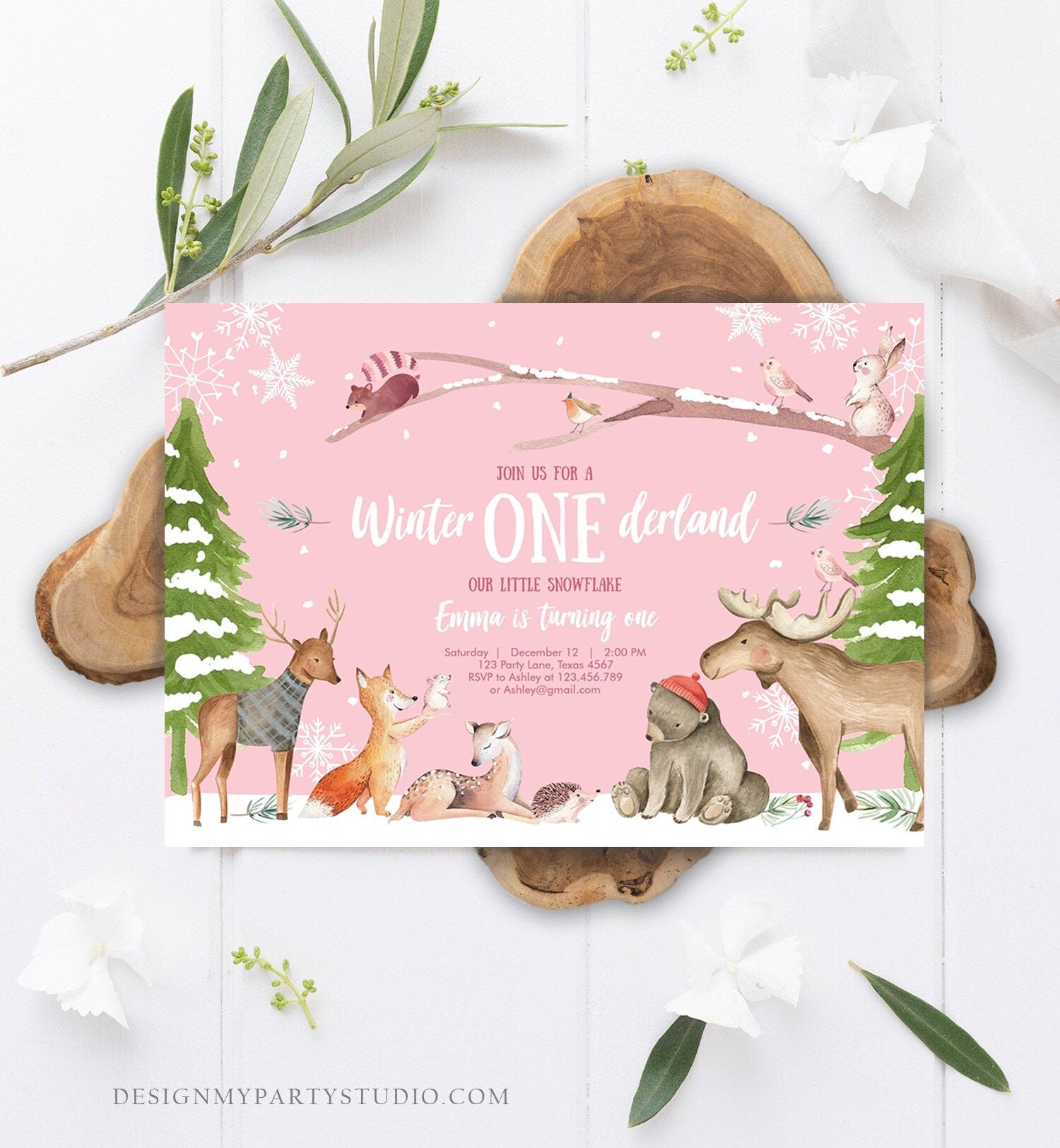 Editable ANY AGE Winter ONEderland Birthday Invitation First Birthday Snowflake Girl Pink Woodland Animals Printable Template Corjl 0195