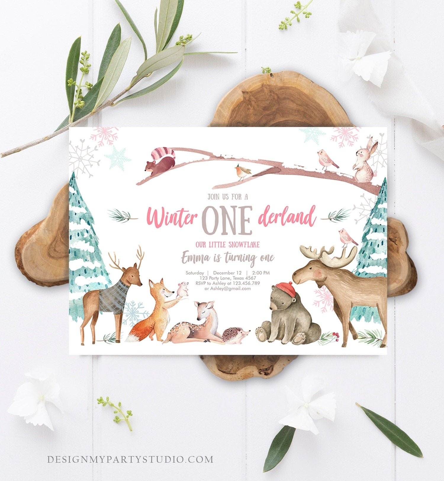 Editable ANY AGE Winter ONEderland Birthday Invitation Winter Wonderland Snowflake Girl Pink Woodland Animals Printable Template Corjl 0195