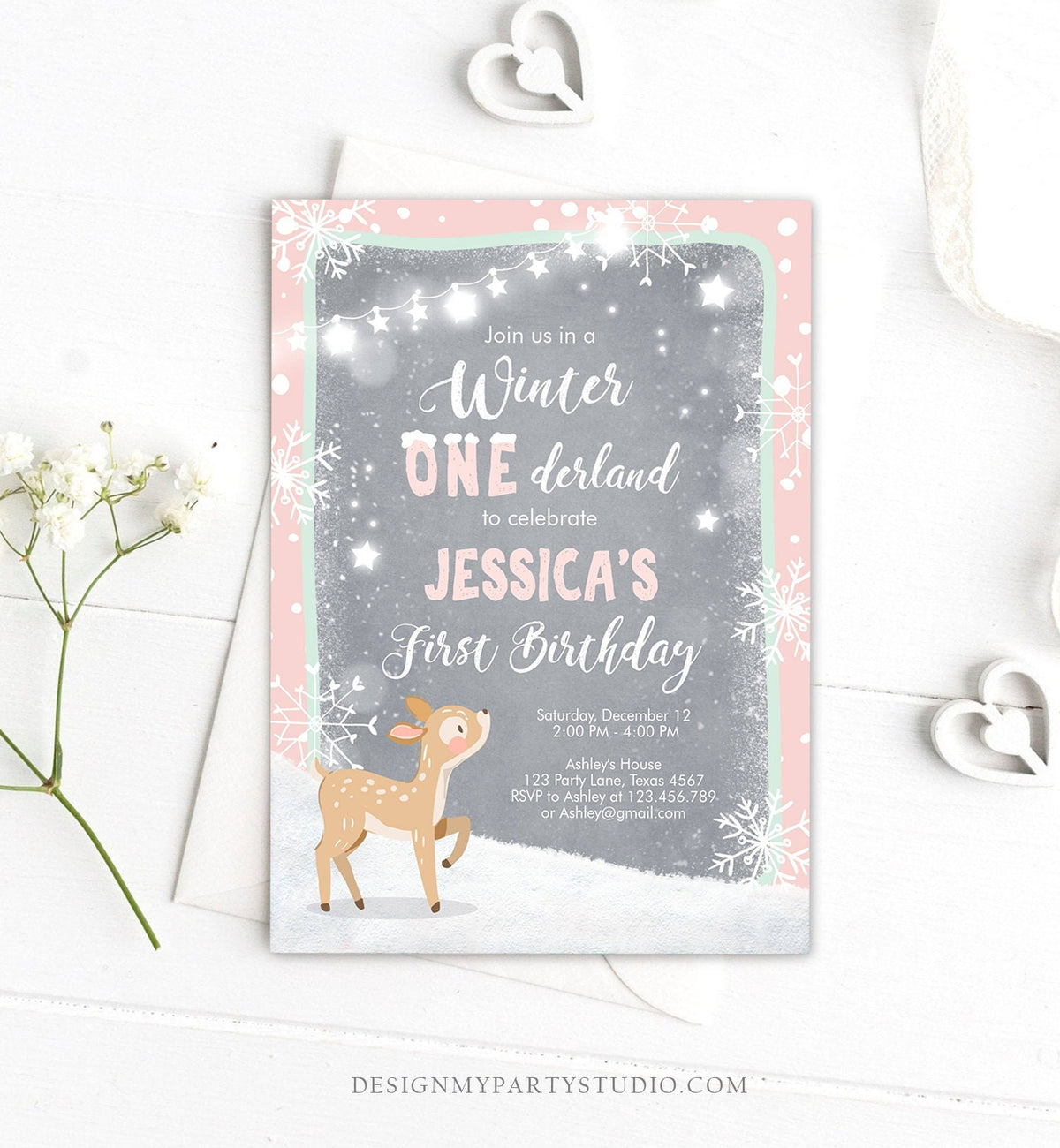 Editable Winter ONEderland Birthday Invitation First Birthday Snowflake Girl Pink Mint Grey Deer Printable Invitation Template Corjl 0109