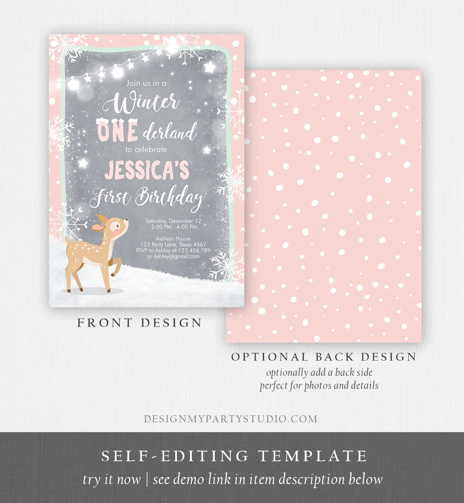 Editable Winter ONEderland Birthday Invitation First Birthday Snowflake Girl Pink Mint Grey Deer Printable Invitation Template Corjl 0109