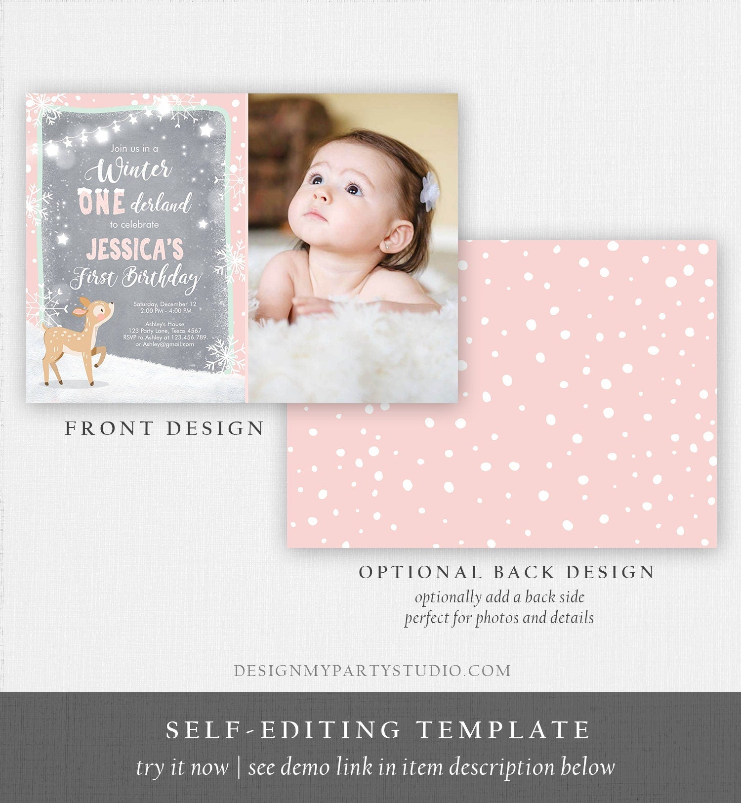 Editable Winter ONEderland Birthday Invitation First Birthday Snowflake Girl Pink Mint Grey Deer Printable Invitation Template Corjl 0109