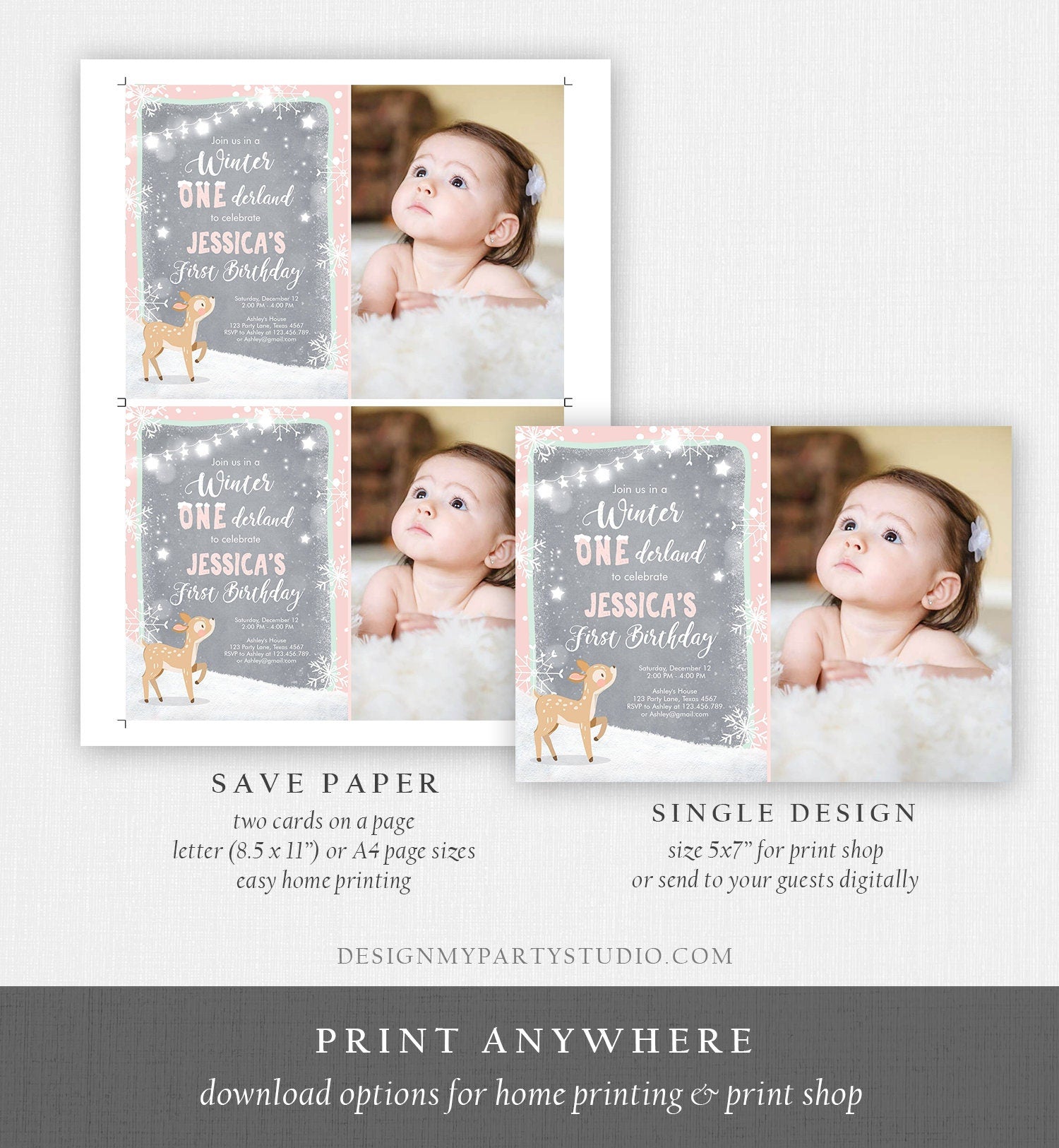 Editable Winter ONEderland Birthday Invitation First Birthday Snowflake Girl Pink Mint Grey Deer Printable Invitation Template Corjl 0109