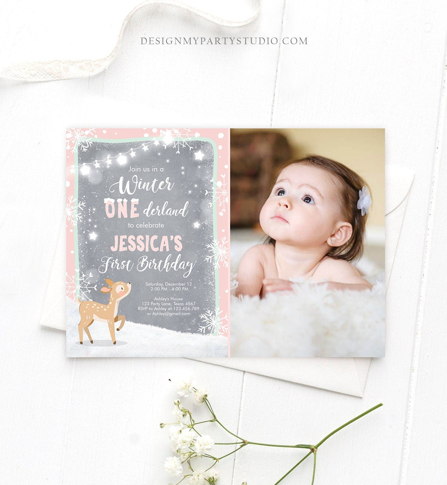 Editable Winter ONEderland Birthday Invitation First Birthday Snowflake Girl Pink Mint Grey Deer Printable Invitation Template Corjl 0109