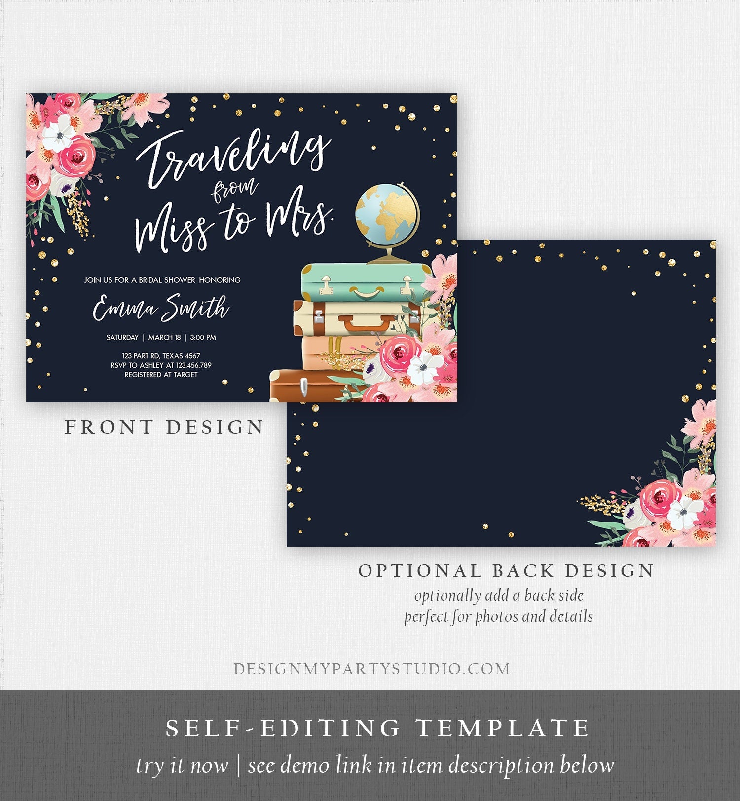 Editable Traveling from Miss to Mrs Bridal Shower Invitation Pink Floral Navy Gold Globe Suitcases Download Printable Corjl Template 0030