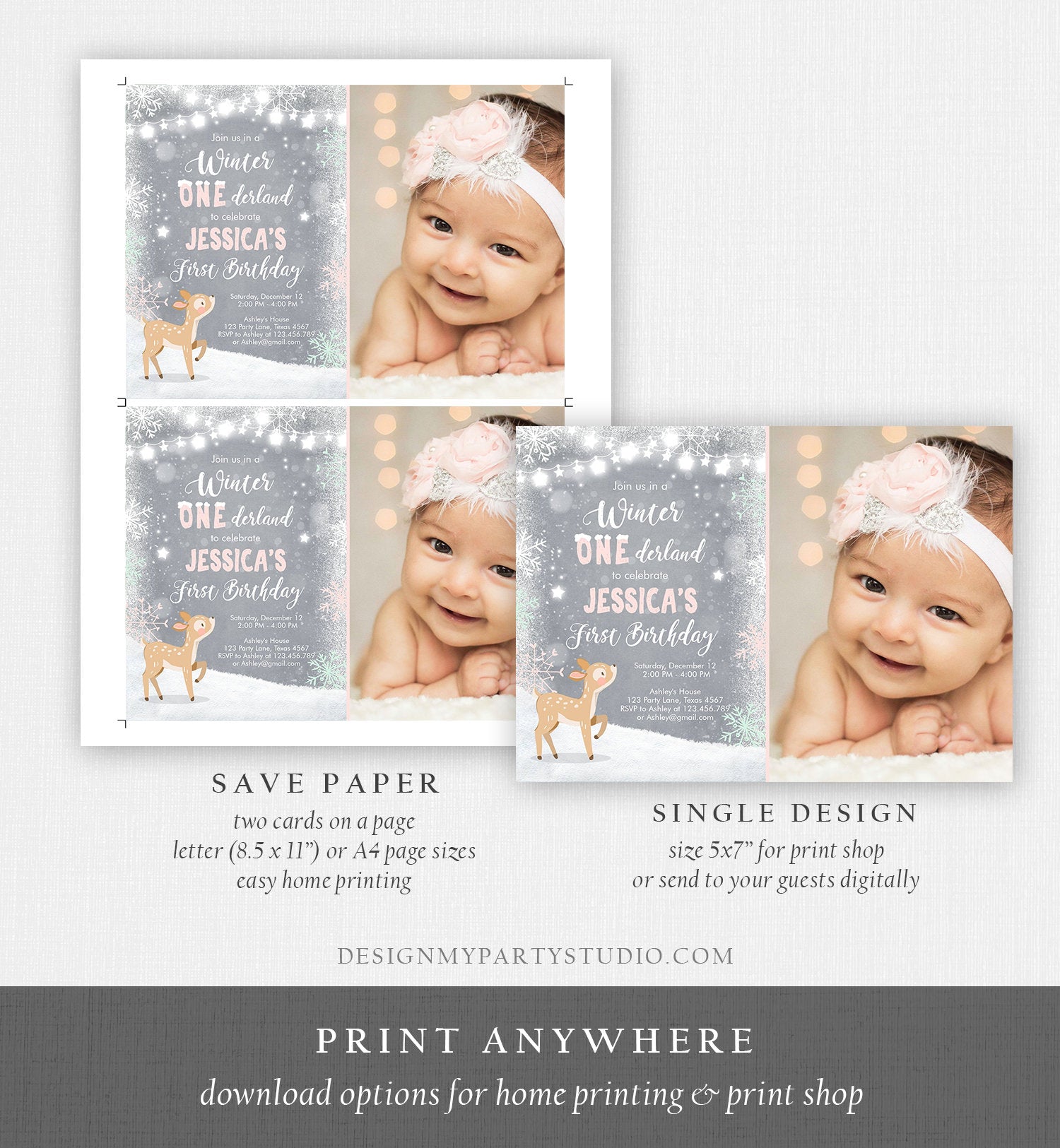 Editable Winter ONEderland Birthday Invitation First Birthday Snowflake Girl Pink Mint Grey Deer Printable Invitation Template Corjl 0109