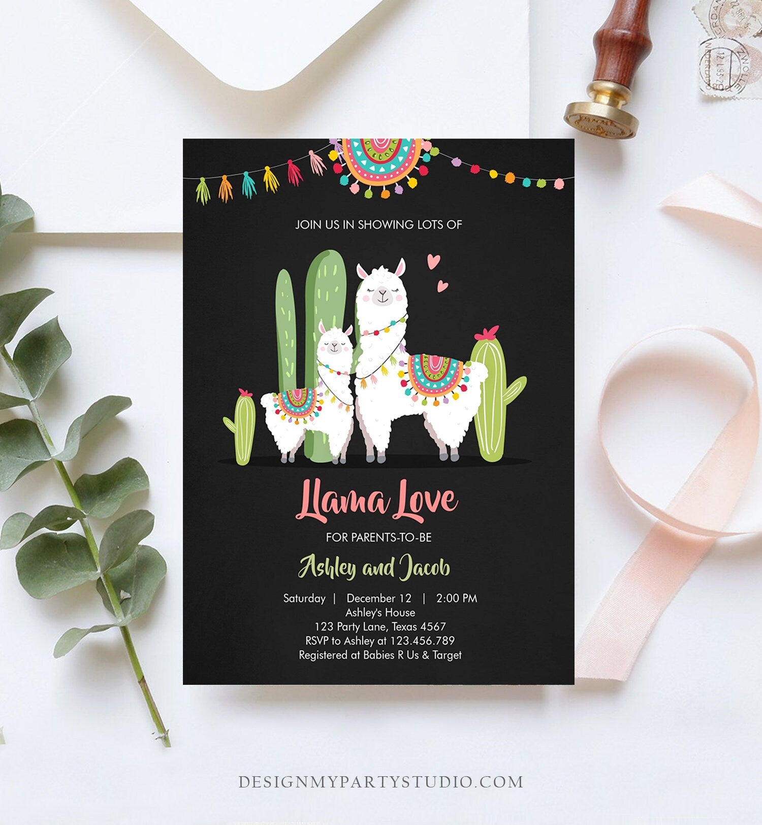 Editable Llama Baby Shower Invitation Llama Love Fiesta Cactus Mexican Couples Coed Shower Digital Download Printable Corjl Template 0079