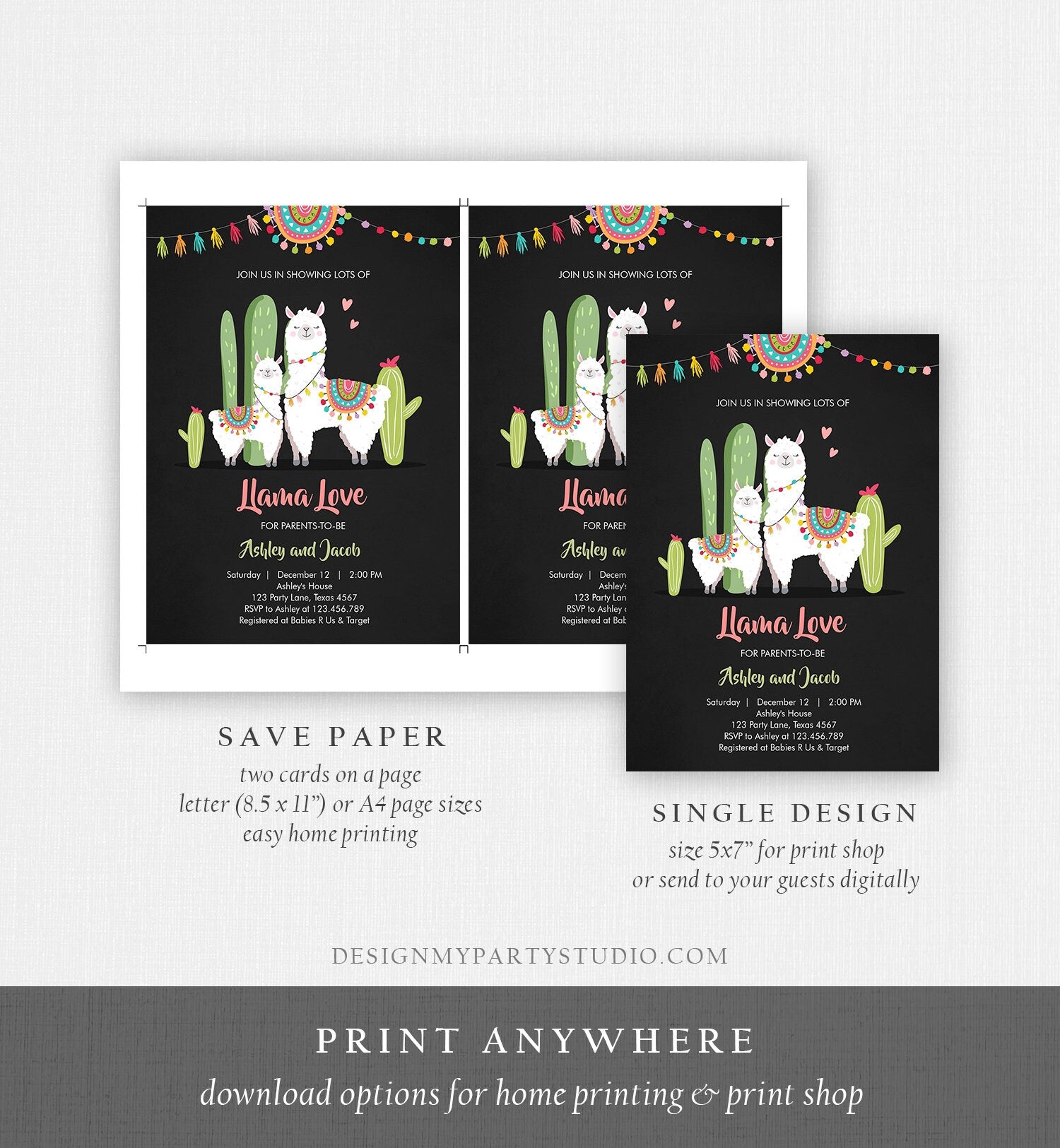 Editable Llama Baby Shower Invitation Llama Love Fiesta Cactus Mexican Couples Coed Shower Digital Download Printable Corjl Template 0079