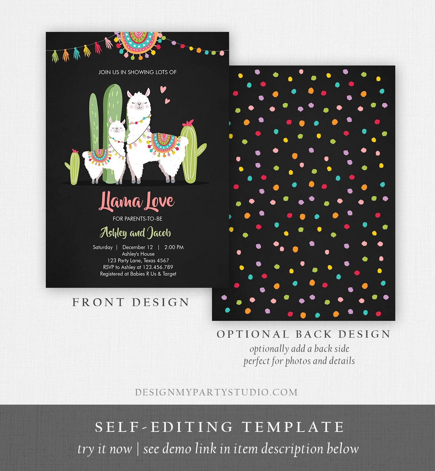 Editable Llama Baby Shower Invitation Llama Love Fiesta Cactus Mexican Couples Coed Shower Digital Download Printable Corjl Template 0079