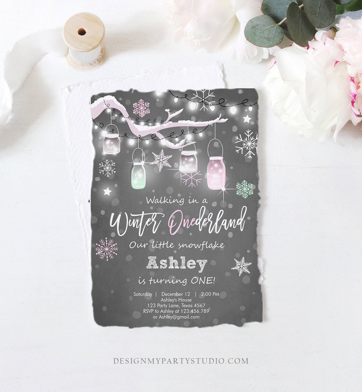 Editable ANY AGE Winter Birthday Invitation Onederland Birthday Invite Snowflake Girl Pink Mint Download Printable Template Corjl 0066