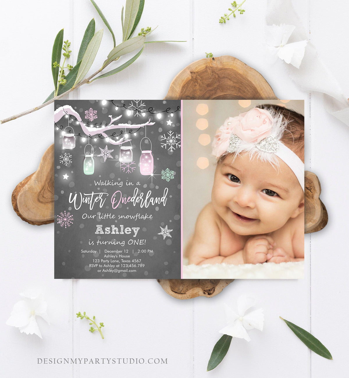 Editable ANY AGE Winter ONEderland Birthday Invitation First Birthday Snowflake Girl Pink Download Printable Invitation Template Corjl 0066