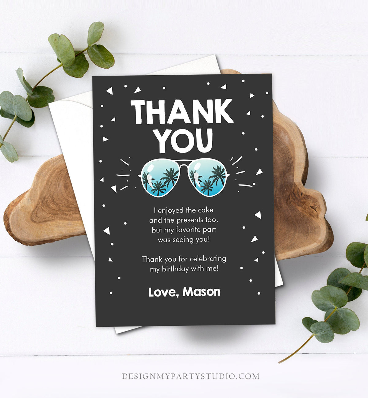 Editable Thank You Card Two Cool Birthday Boy Sunglasses Palm Second Birthday Party Note 2nd Chalk Download Corjl Template Printable 0136