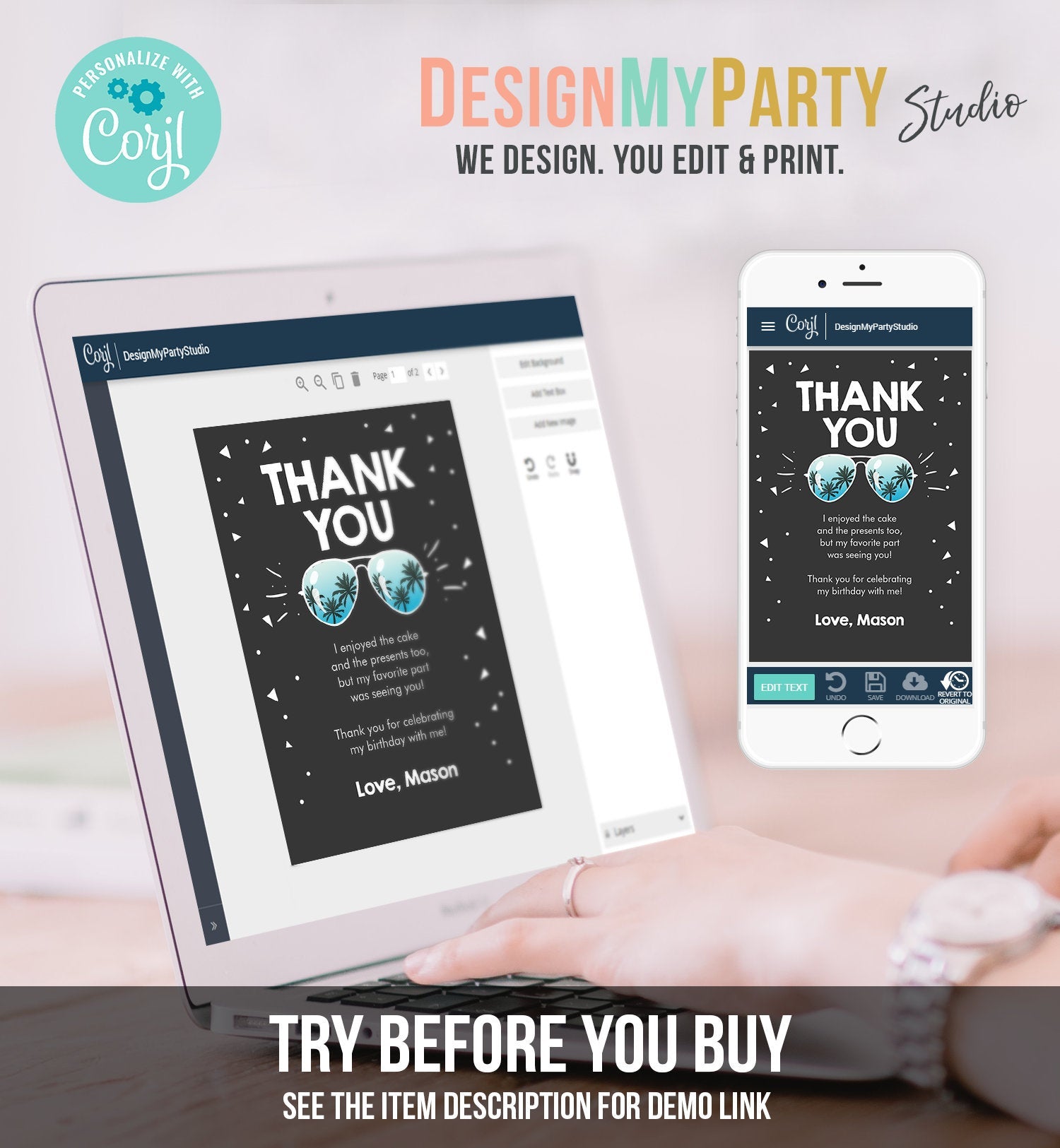 Editable Thank You Card Two Cool Birthday Boy Sunglasses Palm Second Birthday Party Note 2nd Chalk Download Corjl Template Printable 0136