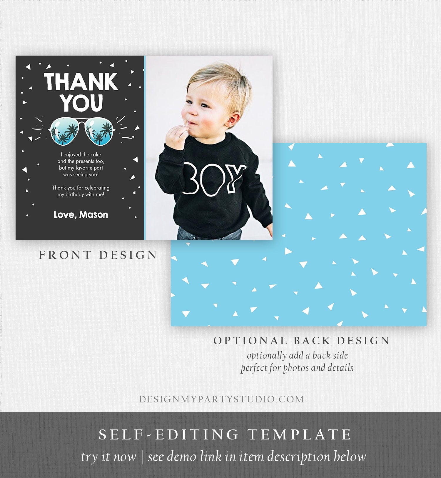 Editable Thank You Card Two Cool Birthday Boy Sunglasses Palm Second Birthday Party Note 2nd Chalk Photo Corjl Template Printable 0136